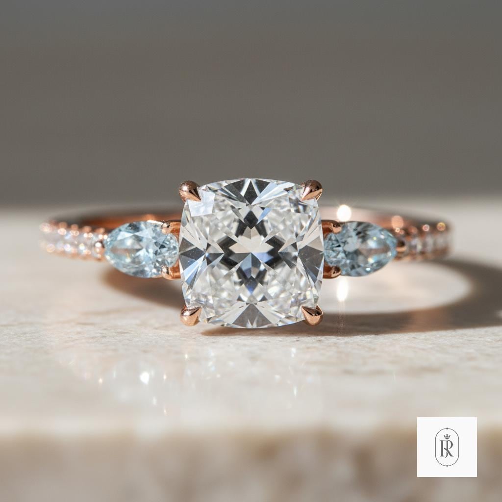 14K Rose Gold Engagement Ring: Oval Moissanite with Blue Lab Diamonds — View 1 of custom handcrafted Lab Diamond jewellery in 14K Rose Gold