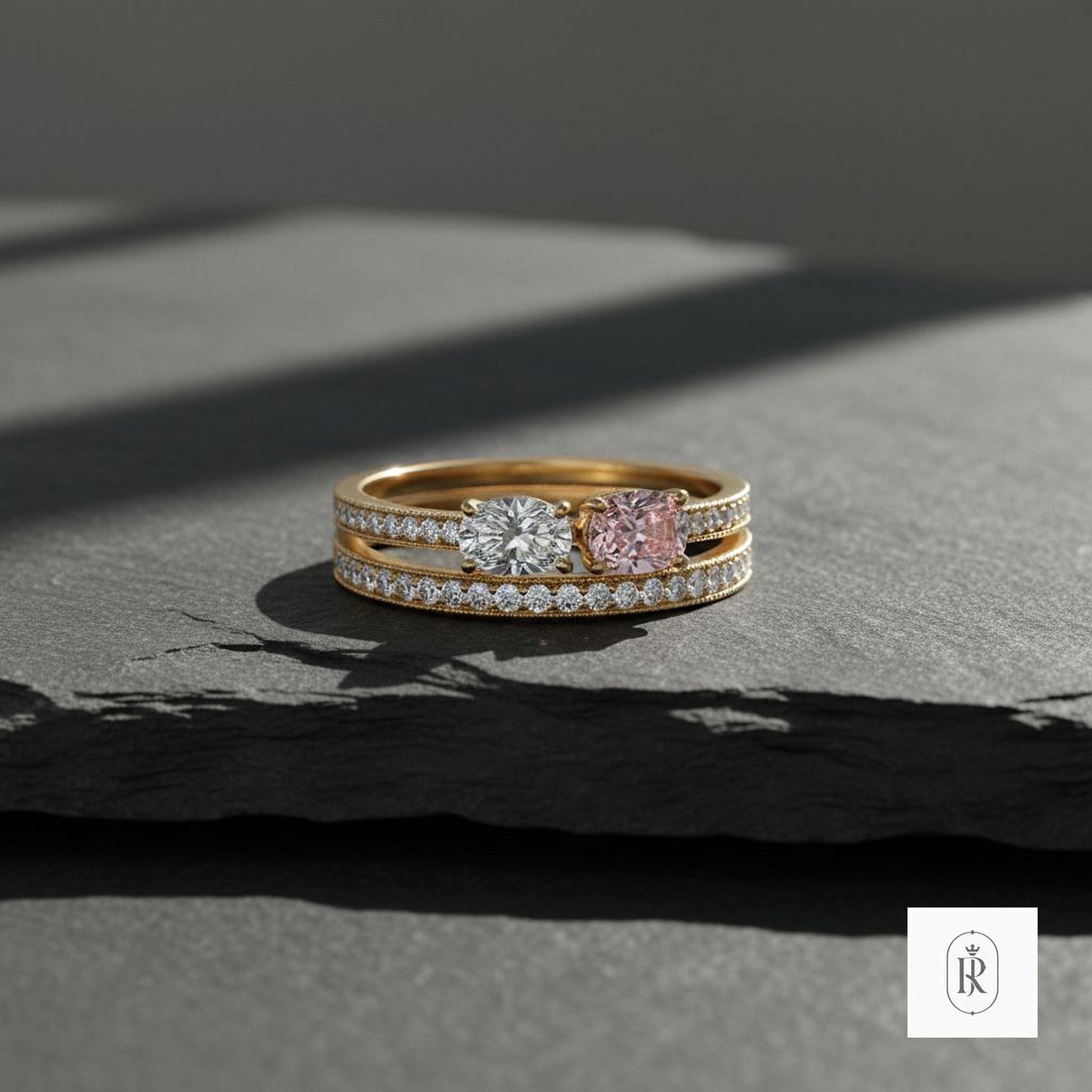 Pink Cushion and Oval Diamond Ring - Lab Grown, 14K Gold — View 1 of custom handcrafted Lab Diamond jewellery in 14K White Gold