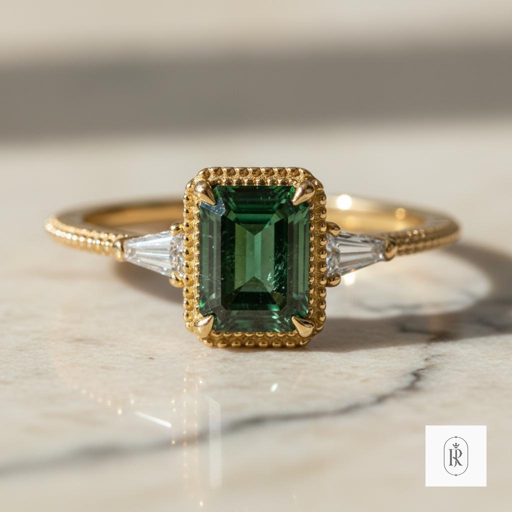 Green Diamond Engagement Ring: Lab-Grown Emerald Cut (3 Carat) — View 1 of custom handcrafted Lab Diamond jewellery in 14K White Gold