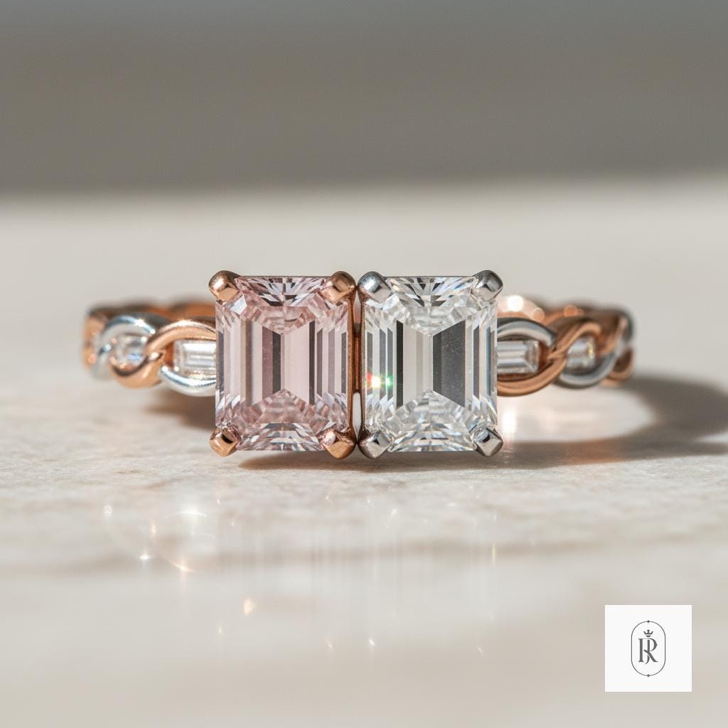 Fancy Pink Emerald Cut Diamond Ring: 14K Gold Lab Grown — View 1 of custom handcrafted Lab Diamond jewellery in 14K White Gold