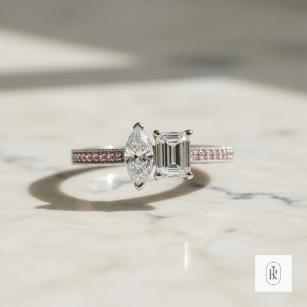 Art Nouveau Moissanite Ring, Marquise Emerald Cut, 18k White Gold, Toi et Moi Engagement — View 1 of custom handcrafted Emerald jewellery in 14K White Gold