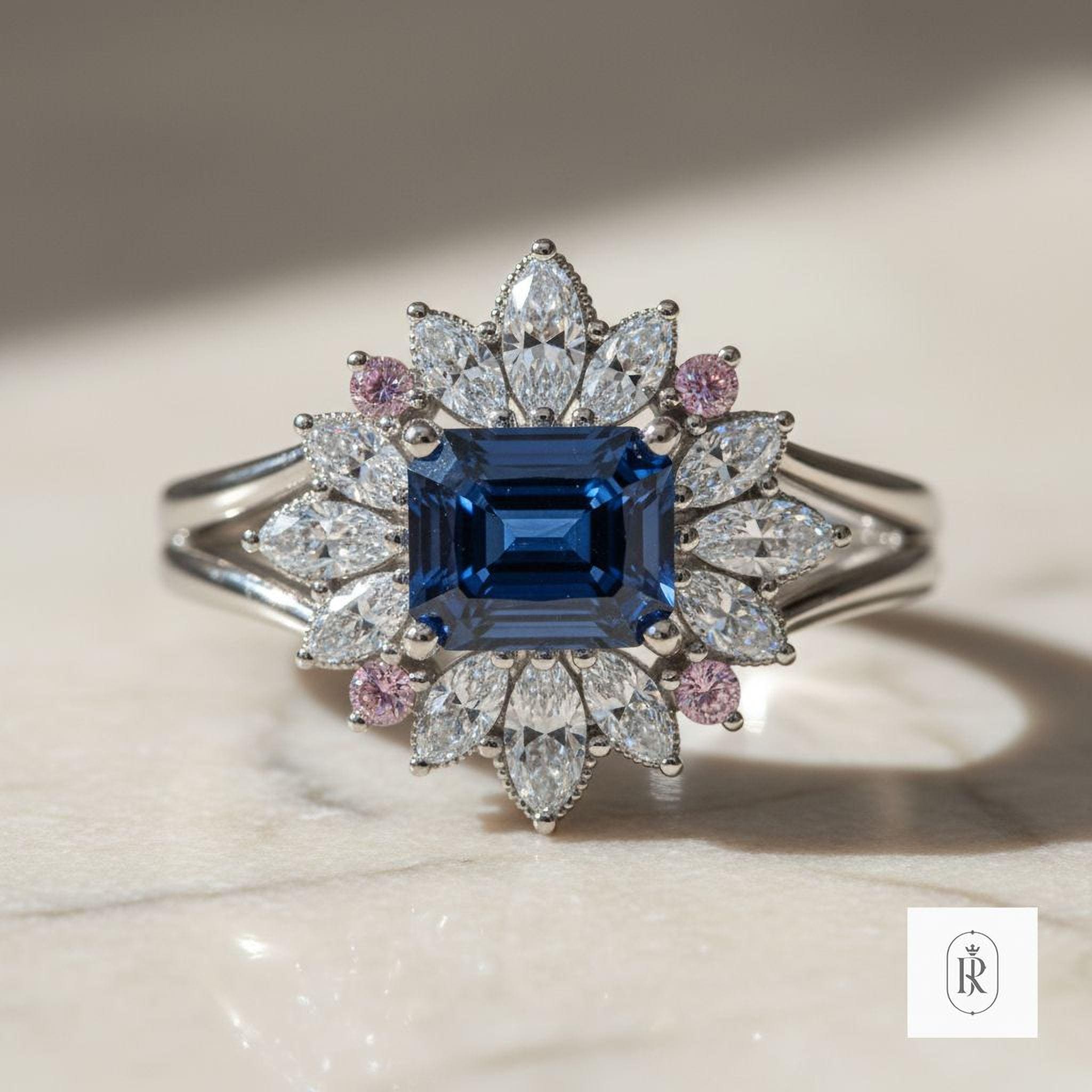 Lab Sapphire Ring, Emerald Cut with Marquise Diamonds (14K Gold Options) — View 1 of custom handcrafted Lab Diamond jewellery in 14K White Gold