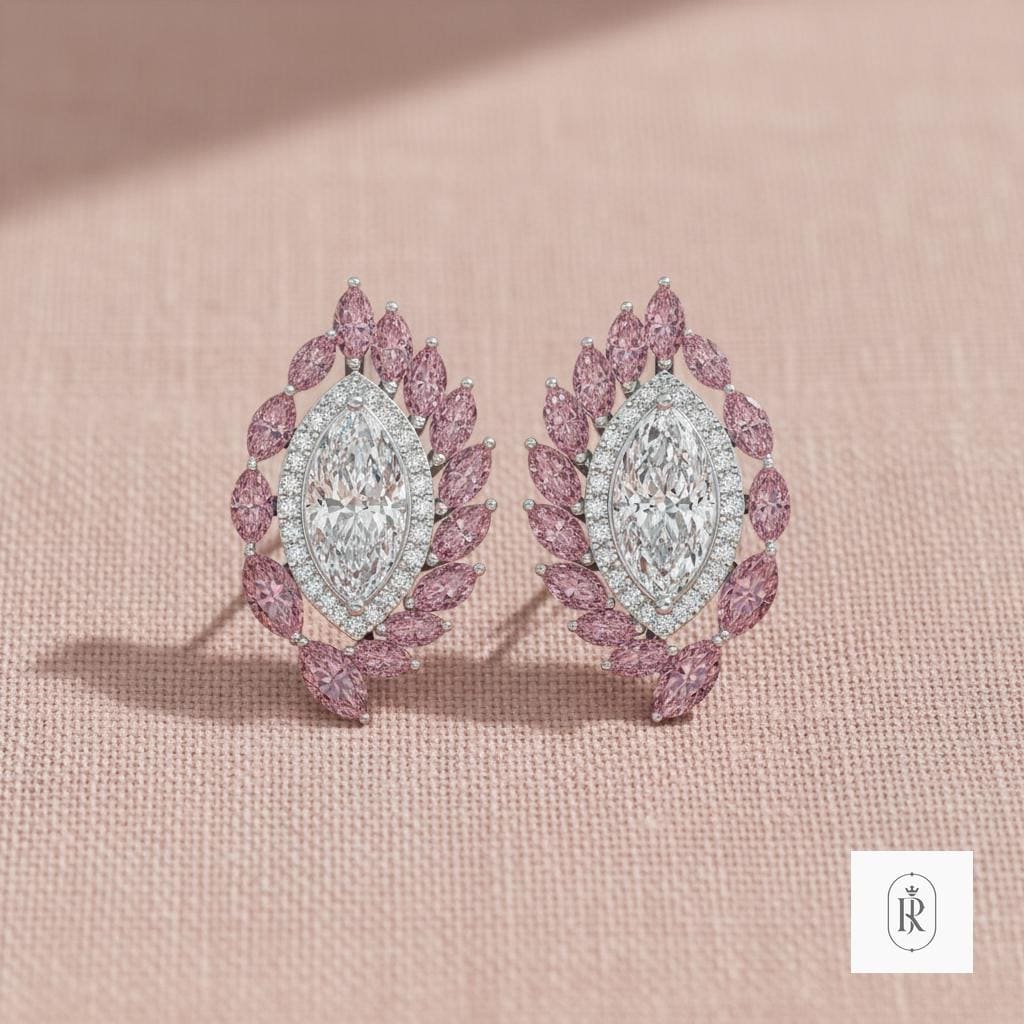 4.20ct Marquise Lab Diamond Stud Earrings | 14K White Gold, Pink Halo Prong Set — View 1 of custom handcrafted Lab Diamond jewellery in 14K White Gold