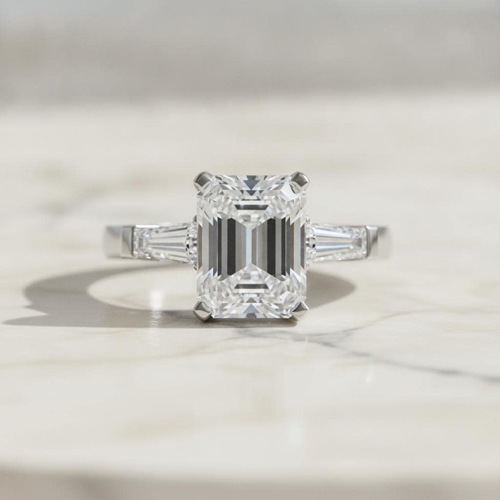 Emerald Lab Diamond Engagement Ring, 2.64ct, 14K White Gold, Three Stone Ring — View 1 of custom handcrafted Lab Diamond jewellery in 14K White Gold