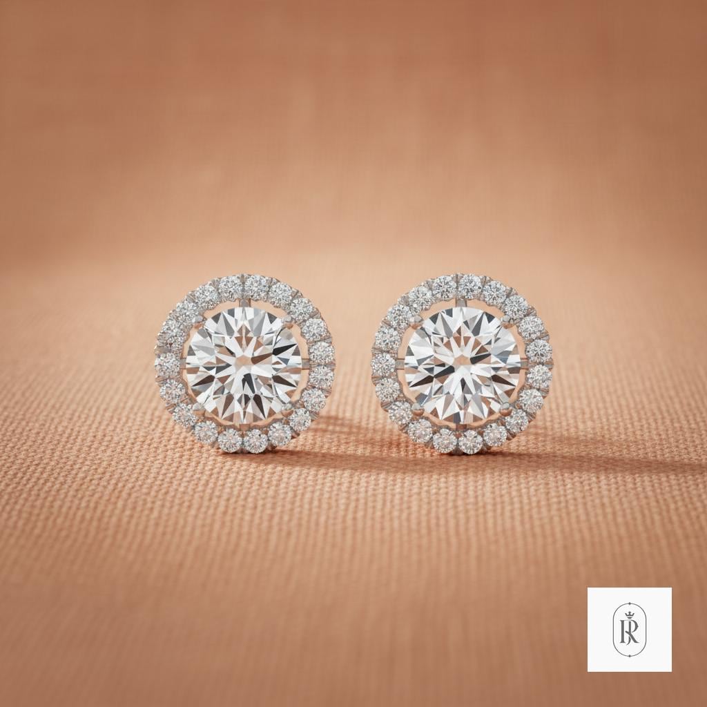0.43ct Round Lab Diamond Halo Earrings | 14K White Gold Prong Set