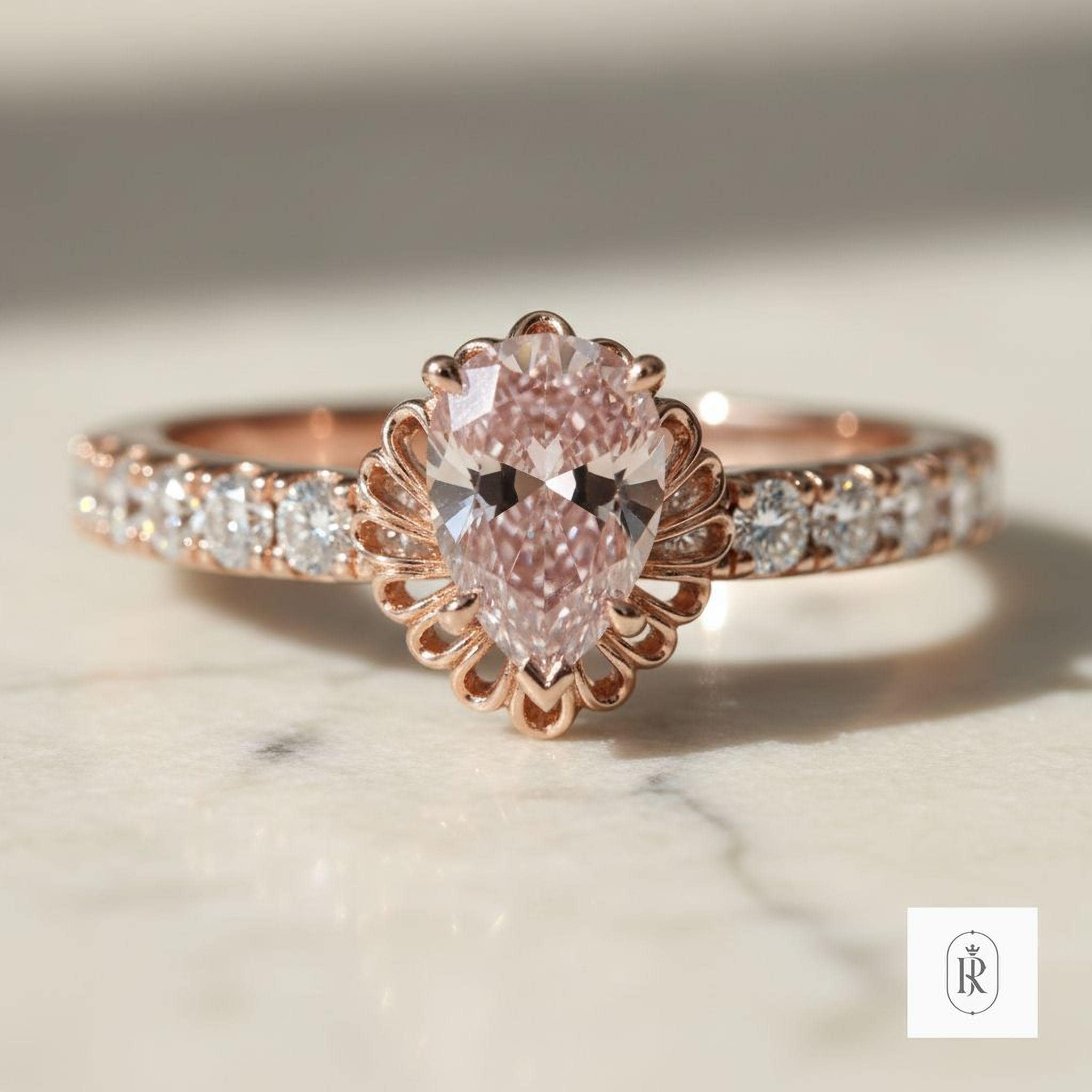 Pink Engagement Ring: Pear Cut Lab Diamond - 14K Solid Gold — View 1 of custom handcrafted Lab Diamond jewellery in 14K White Gold