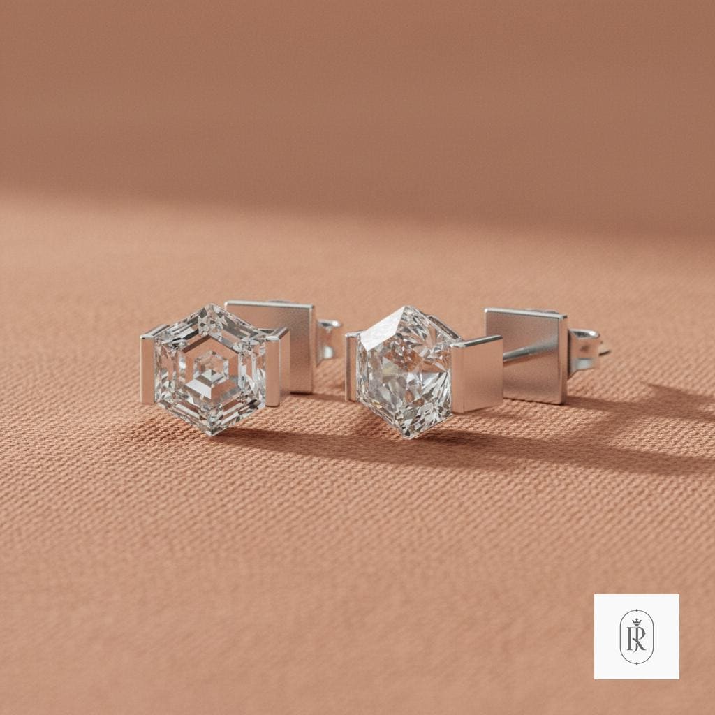 2ct Hexagon Lab Diamond Stud Earrings 14K White Gold | Prong Set, Handmade Jewelry — View 1 of custom handcrafted Lab Diamond jewellery in 14K White Gold