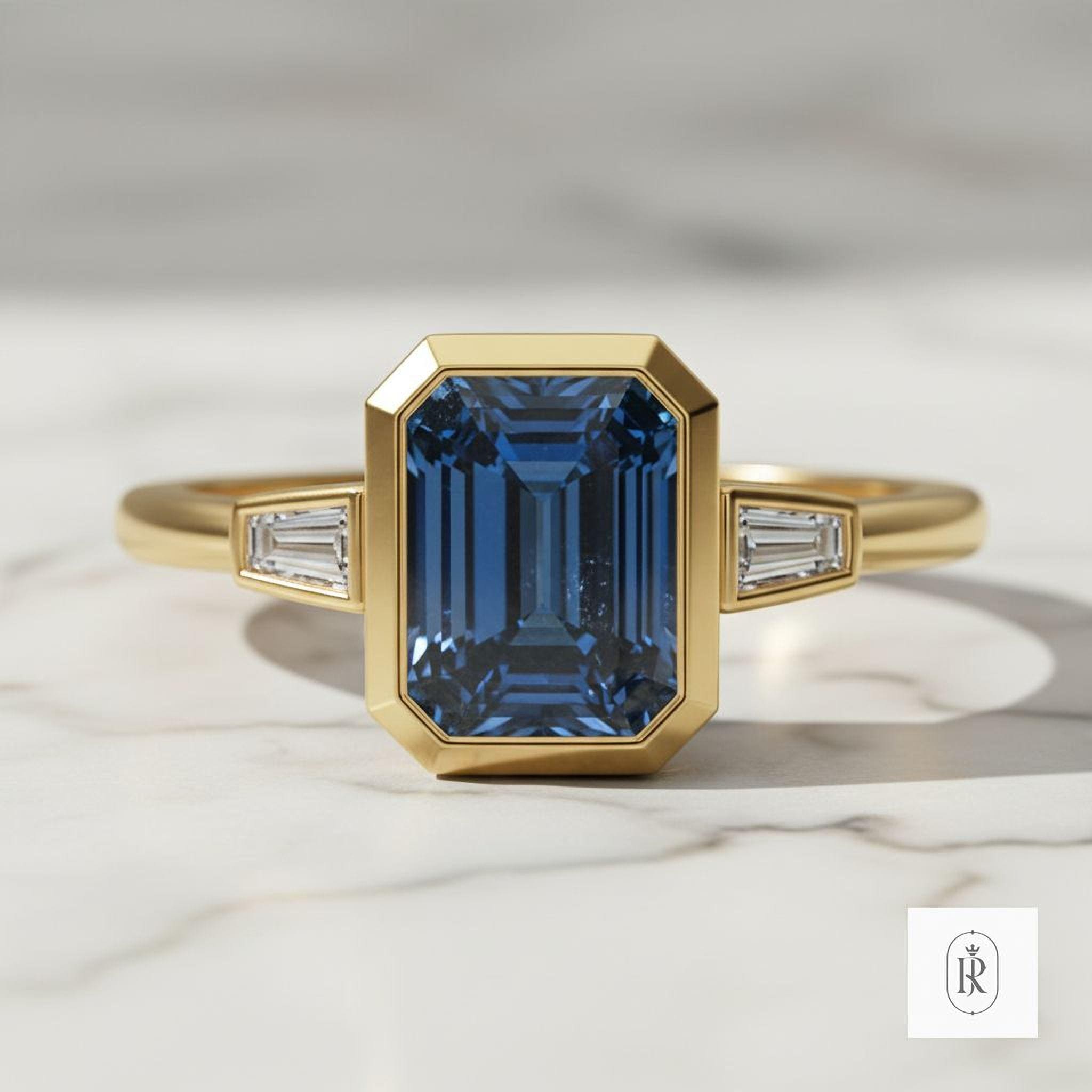Emerald Cut Blue Diamond Ring: Statement Jewelry (14K Gold) — View 1 of custom handcrafted Lab Diamond jewellery in 14K White Gold