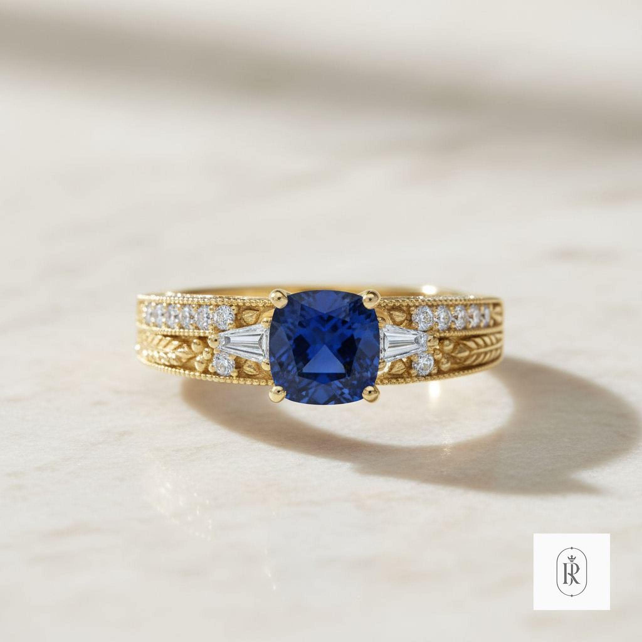 Royal Blue Sapphire Ring - Cushion Cut with Baguette Diamonds