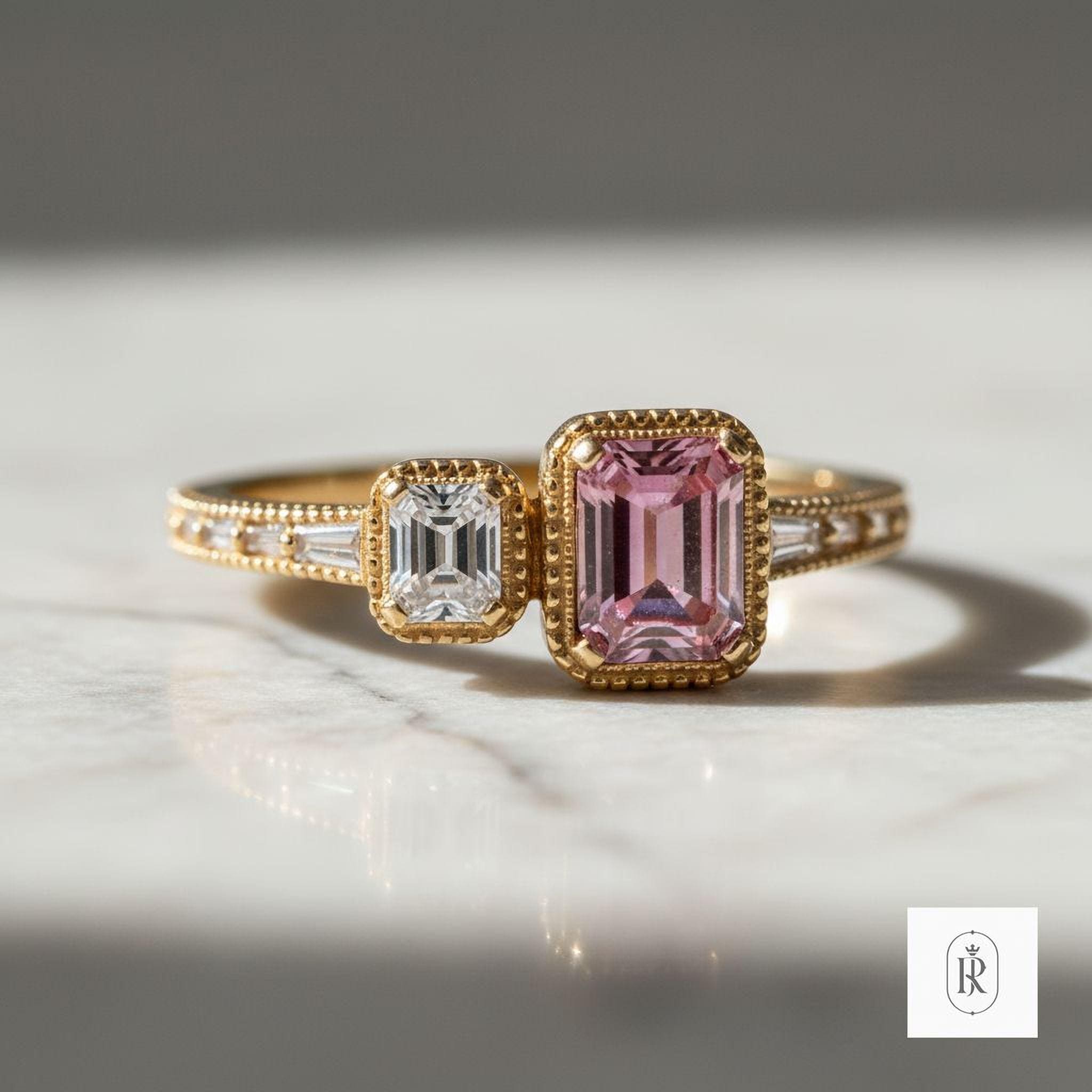 Fancy Pink Diamond Ring: Emerald Cut Engagement (14K Gold, Sustainable) — View 1 of custom handcrafted Lab Diamond jewellery in 14K White Gold