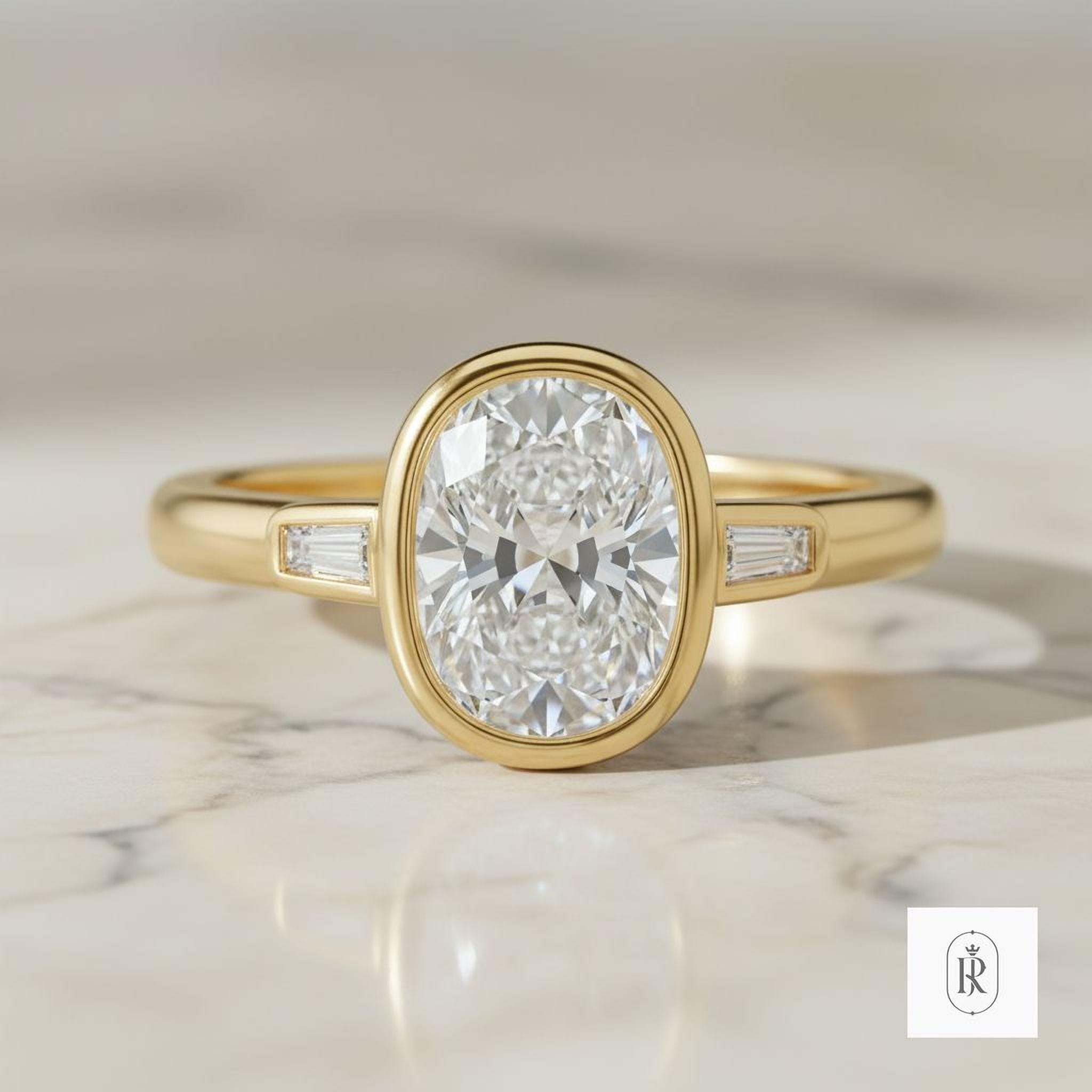 Oval Lab Diamond Engagement Ring - 14K Gold with Champagne Baguettes — View 1 of custom handcrafted Lab Diamond jewellery in 14K White Gold