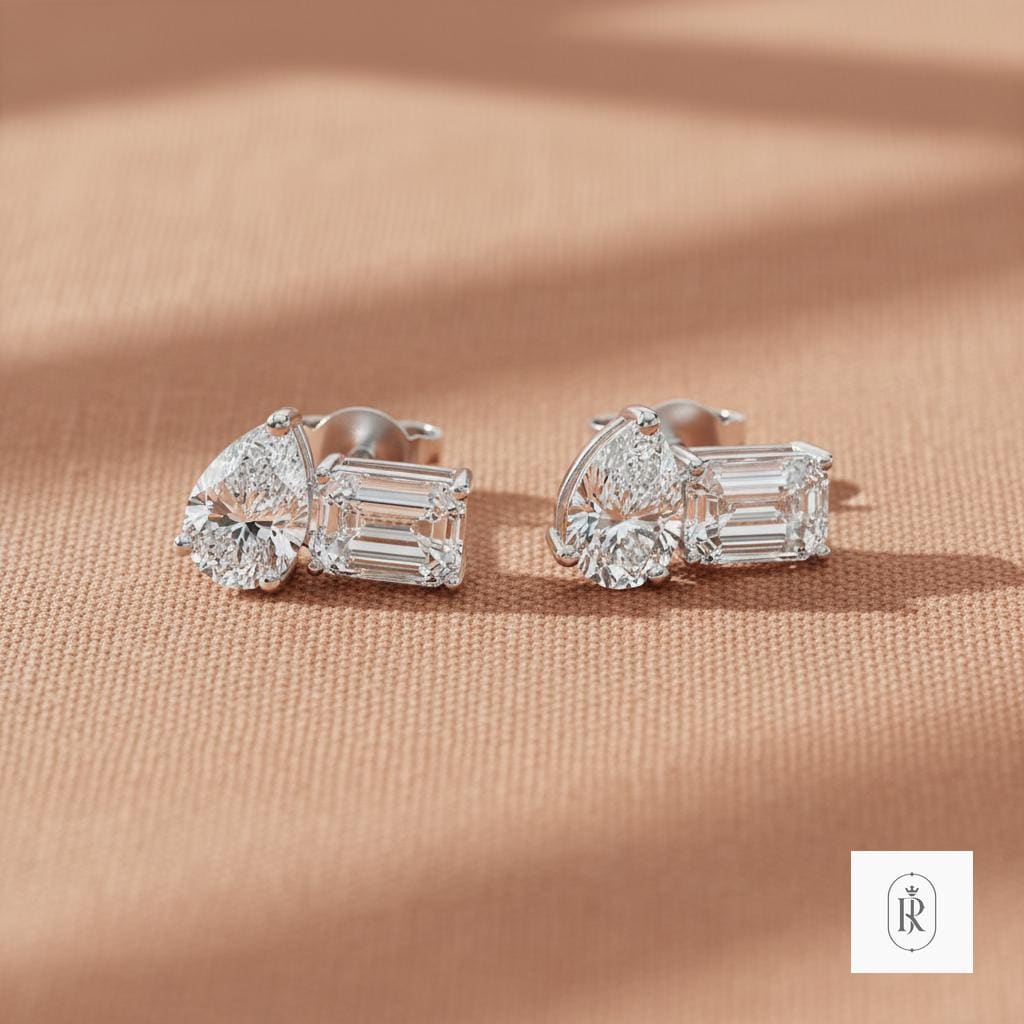 1.83ct Emerald & Pear Lab Diamond Stud Earrings | 14K White Gold Prong Set — View 1 of custom handcrafted Lab Diamond jewellery in 14K White Gold