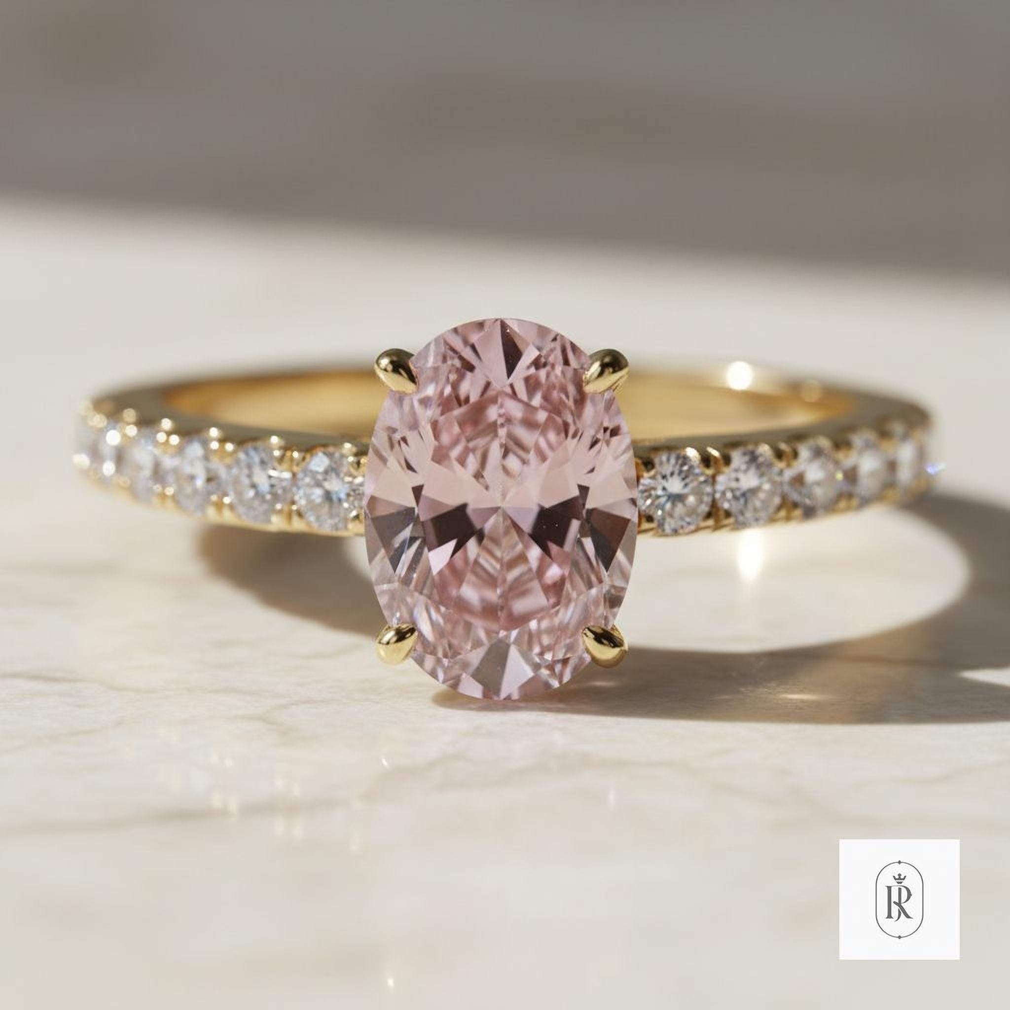 Pink Oval Diamond Ring: Lab Grown, 14K Gold (East-West Setting) — View 1 of custom handcrafted Lab Diamond jewellery in 14K White Gold