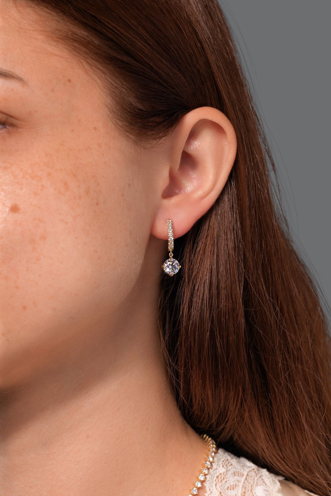 Compass Set Round Diamond Drop Hoops Yellow Gold