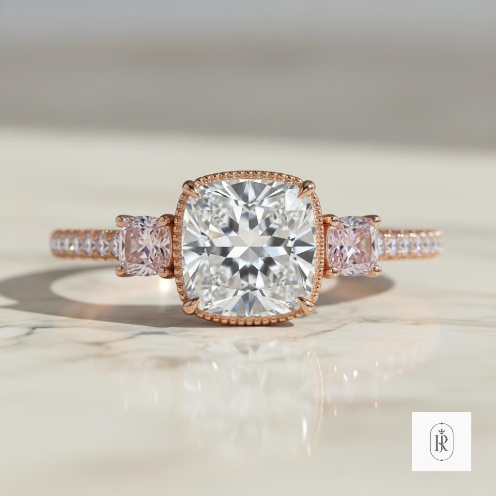 Pink Lab Diamond Moissanite Ring - 14K Rose Gold Engagement Band — View 1 of custom handcrafted Lab Diamond jewellery in 14K Rose Gold