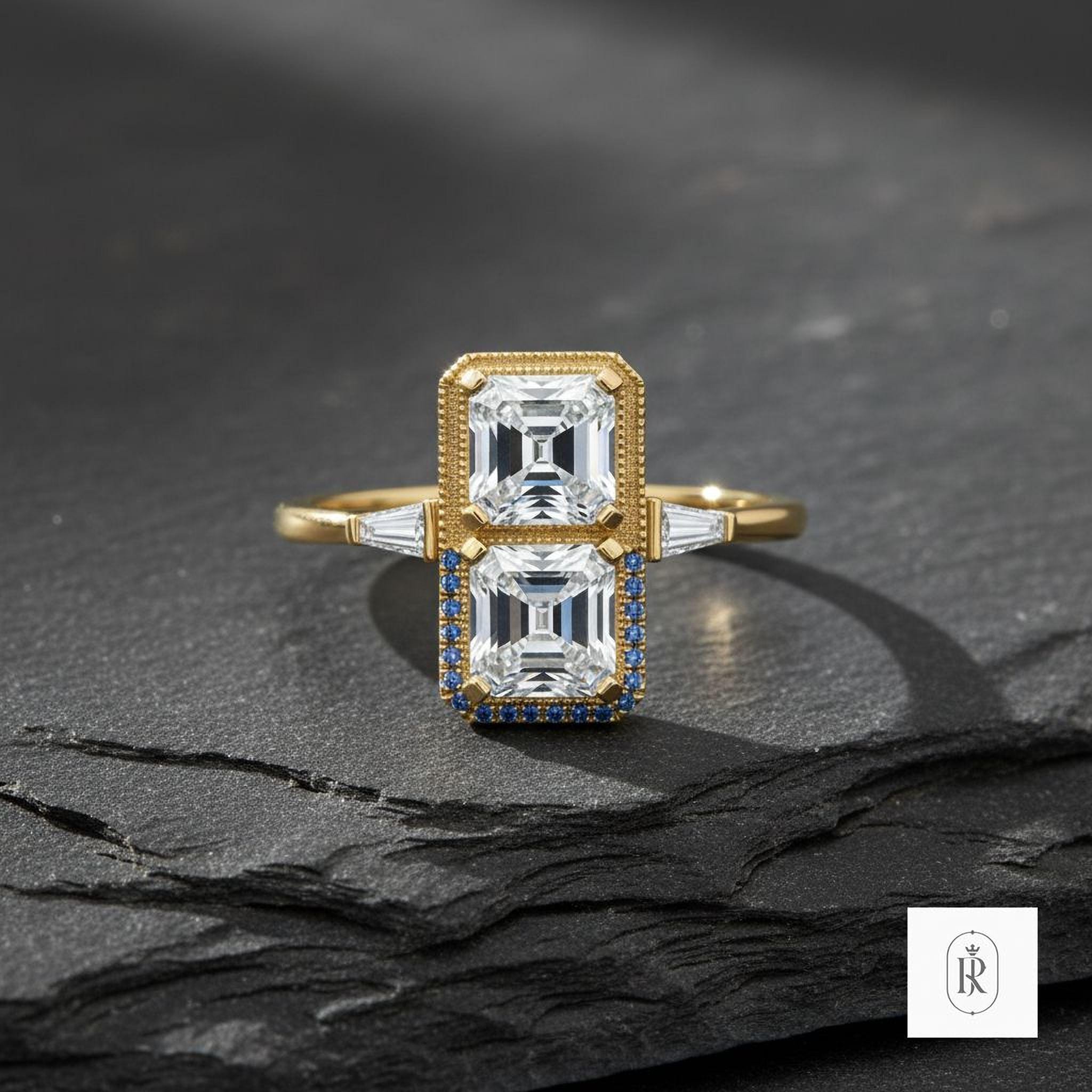 Natural Emerald Cut Diamond Ring, Fancy Blue Accents (14K Gold) — View 1 of custom handcrafted Lab Diamond jewellery in 14K White Gold