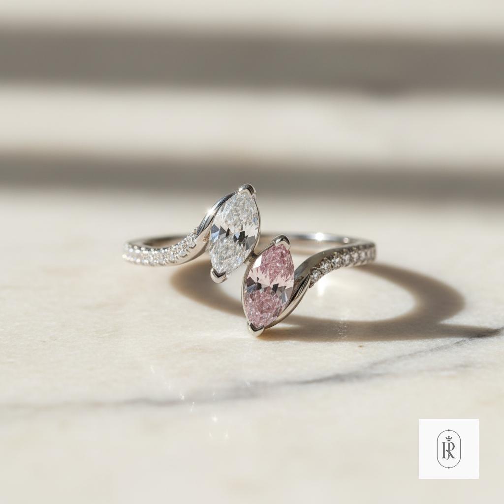Toi et Moi Ring | Marquise Moissanite, Pink Diamond, 18k White Gold, Pavé Band