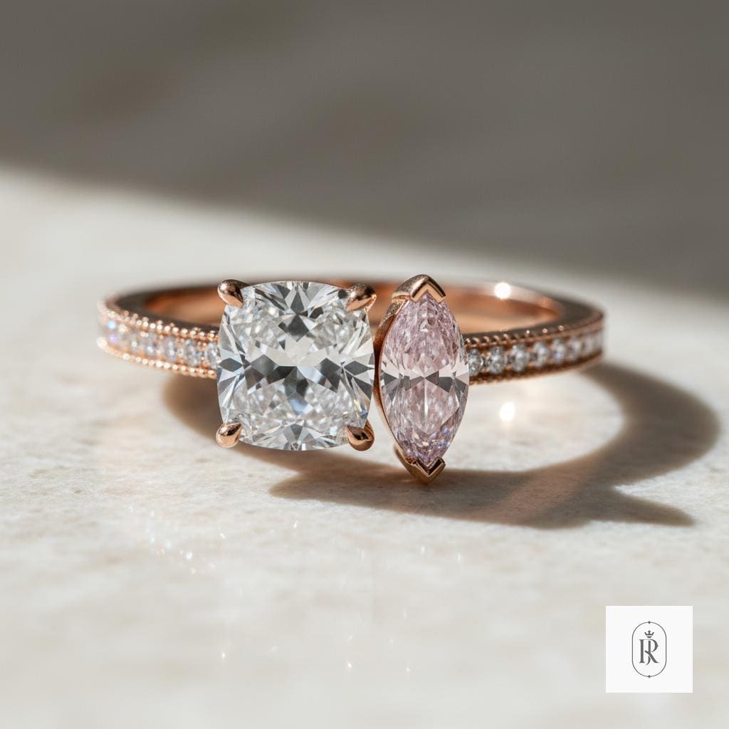 Engagement Ring: Cushion Moissanite with Pink Lab Diamonds - 14K Rose Gold — View 1 of custom handcrafted Lab Diamond jewellery in 14K Rose Gold