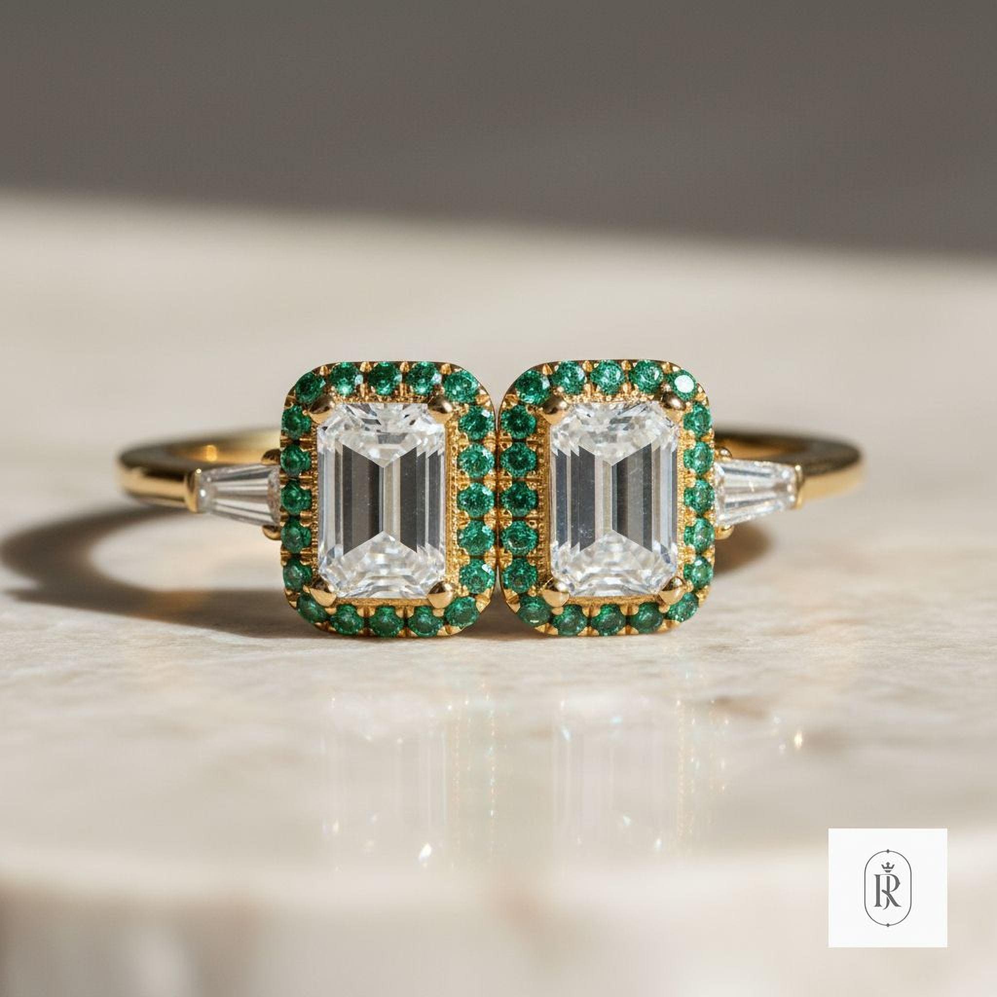 Diamond Engagement Ring: Emerald Cut with Green Halo (14K Gold) — View 1 of custom handcrafted Lab Diamond jewellery in 14K White Gold