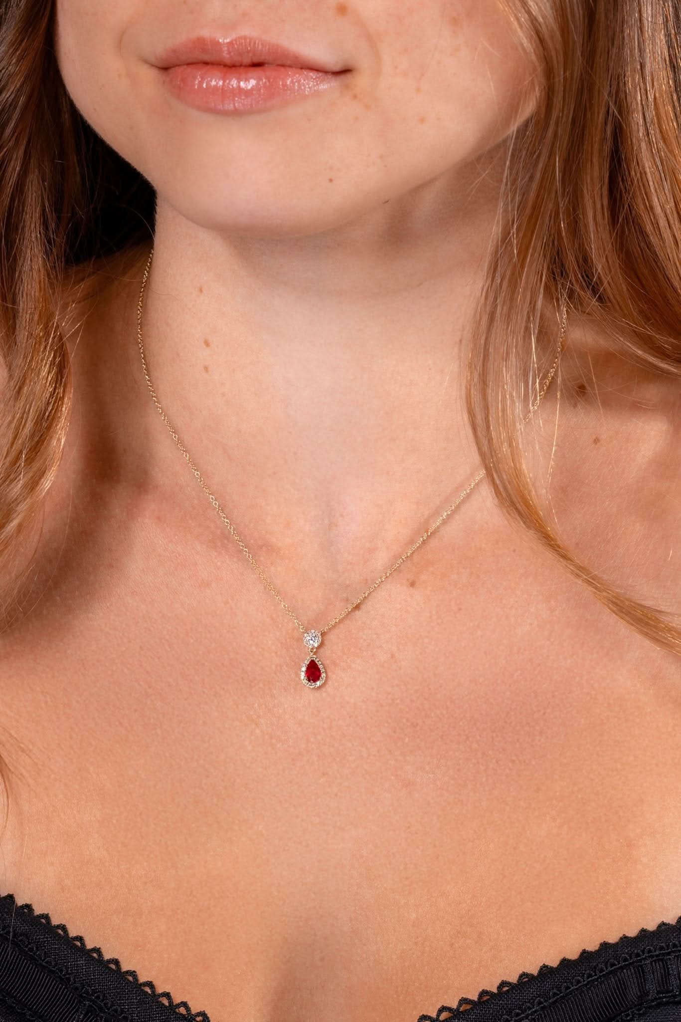 Pear Ruby Diamond Halo Drop Necklace