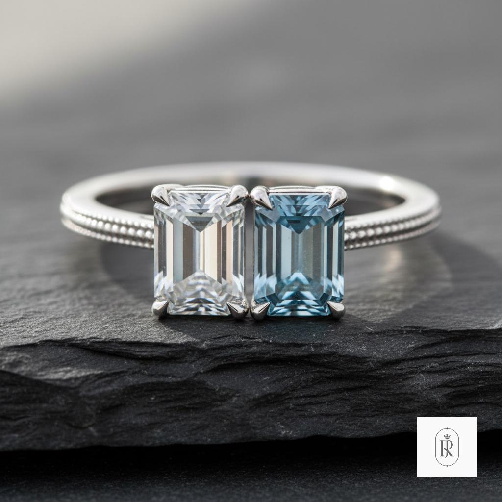 Toi et Moi Emerald Cut Moissanite Engagement Ring – Blue & White 14K Gold (1CT) — View 1 of custom handcrafted Emerald jewellery in 14K White Gold