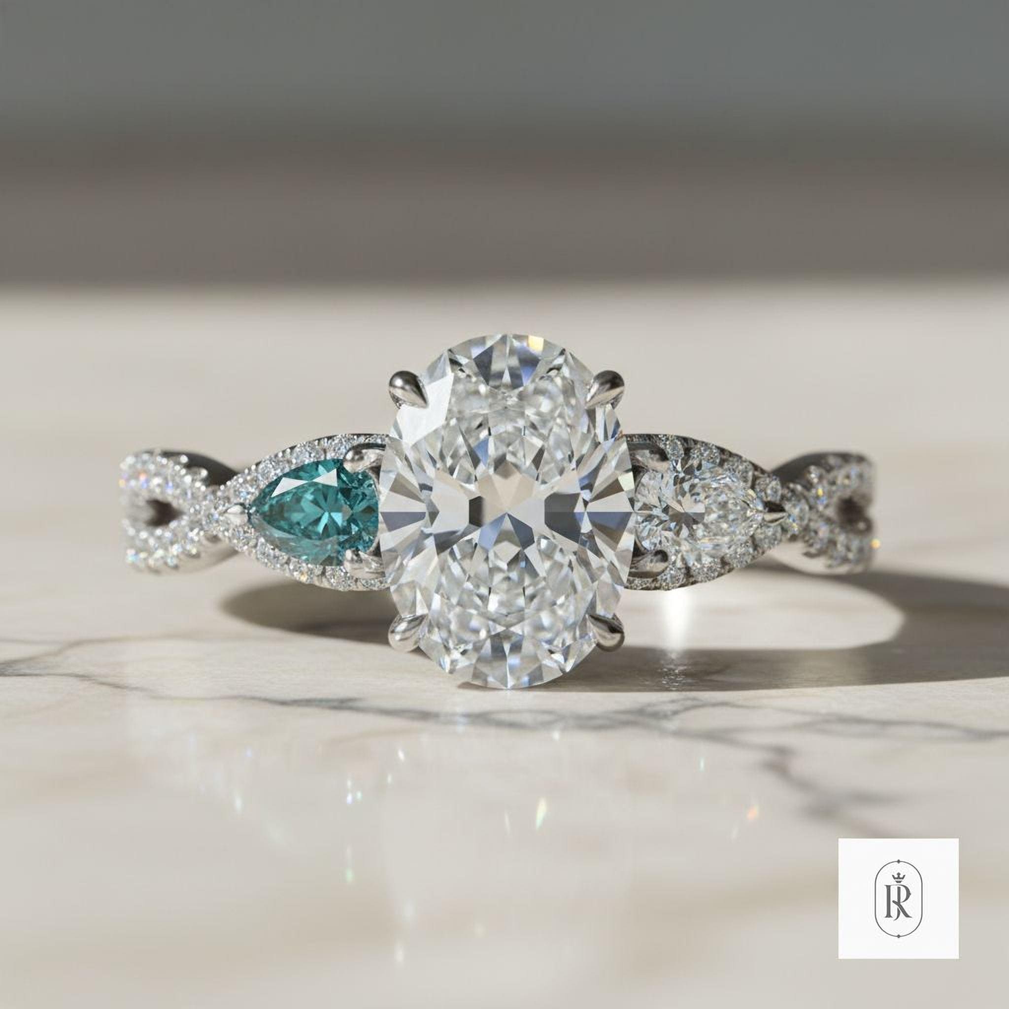 Teal Diamond Engagement Ring: Oval Lab Grown (1.5 Carat, 14K Gold) — View 1 of custom handcrafted Lab Diamond jewellery in 14K White Gold