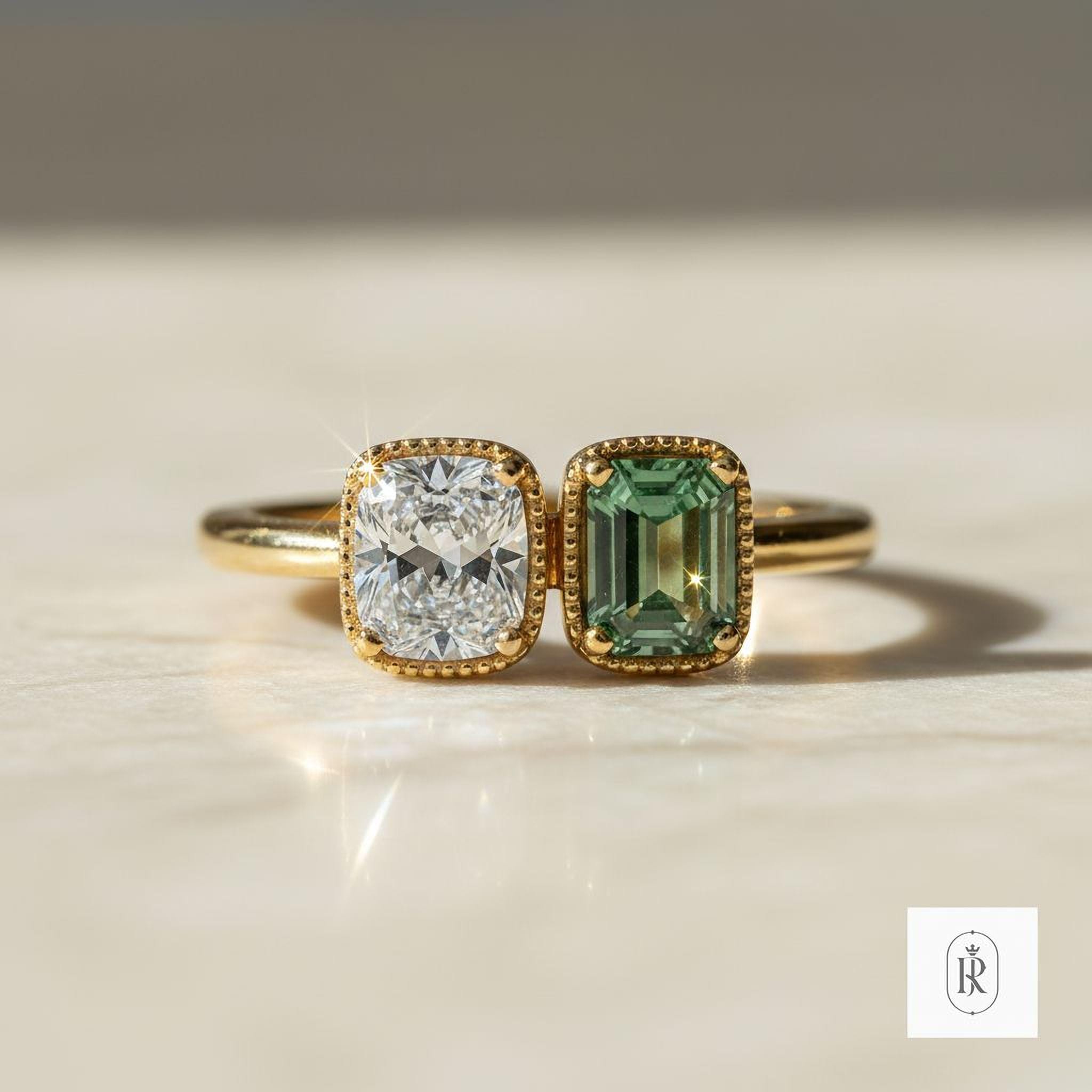 Unique Two Stone Ring: Cushion Diamond & Fancy Green Emerald (14K Gold) — View 1 of custom handcrafted Lab Diamond jewellery in 14K White Gold