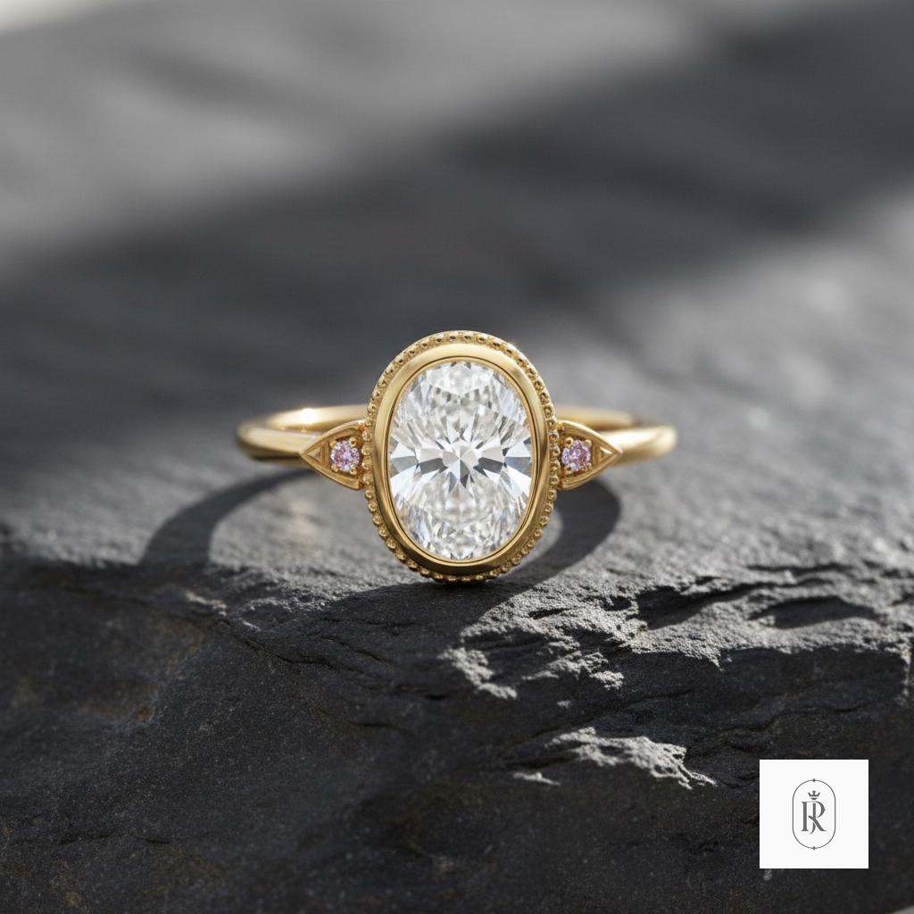 Oval Moissanite Diamond Ring with Pink Accents in 18k Yellow Gold — View 1 of custom handcrafted Lab Diamond jewellery in 14K Yellow Gold
