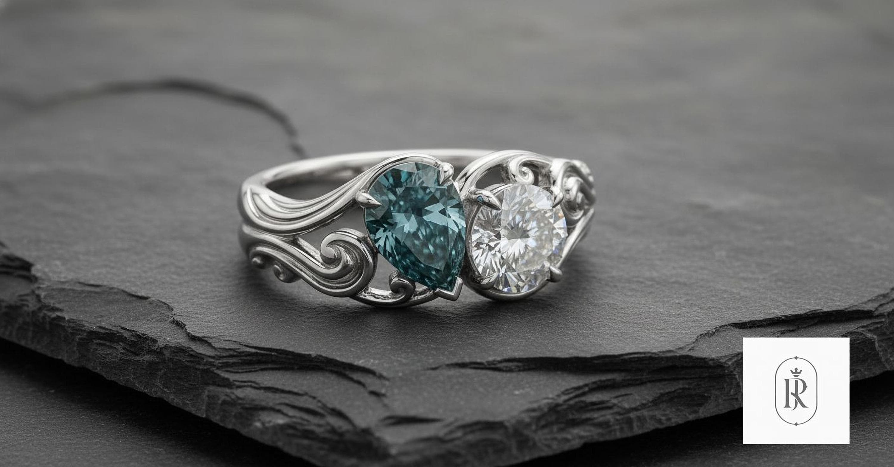 Fancy Teal Pear Engagement Ring - Lab Diamond, 14K Solid Gold — View 1 of custom handcrafted Lab Diamond jewellery in 14K White Gold