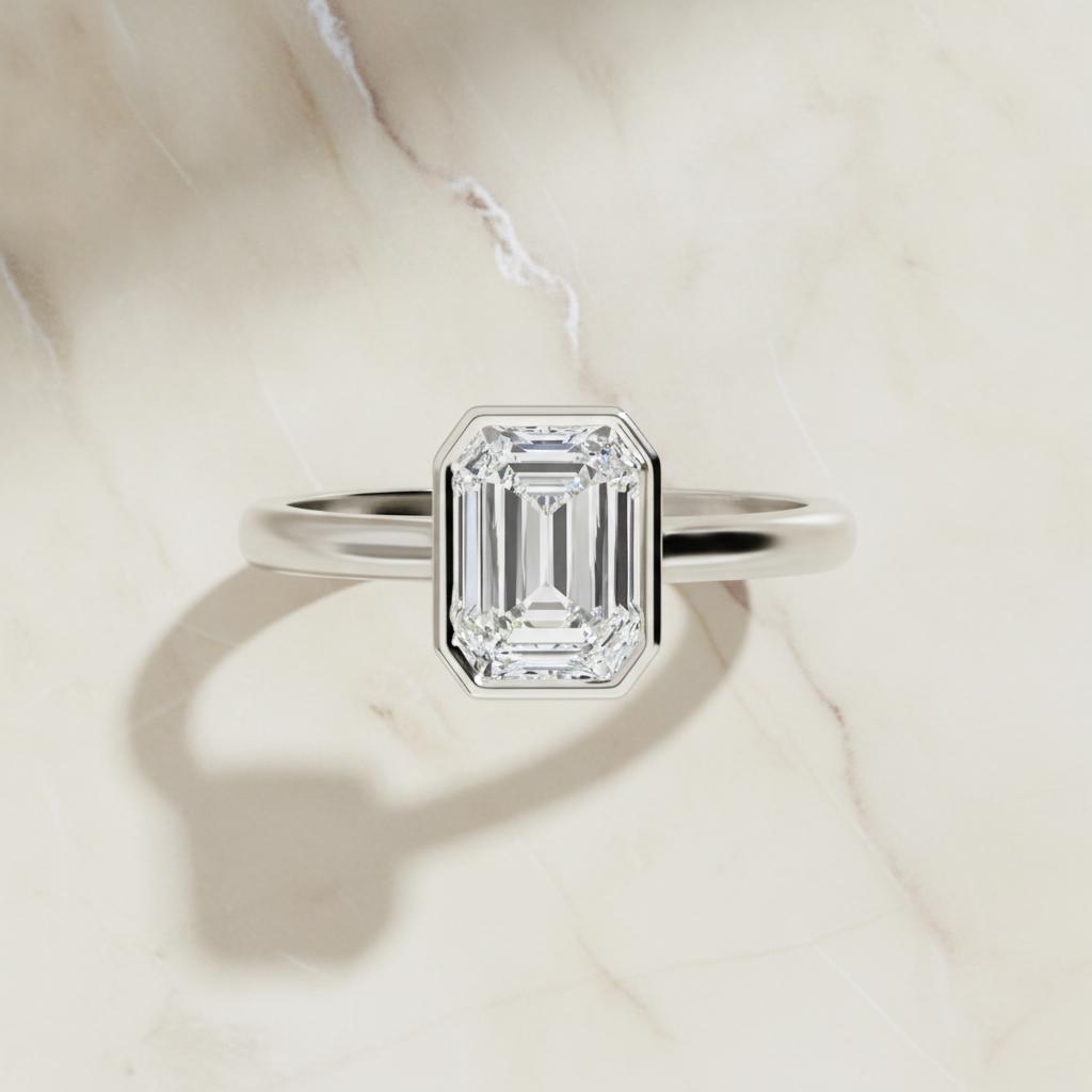 Emerald Lab Diamond Engagement Ring 14K White Gold Bezel Set Bridal Ring — View 1 of custom handcrafted Lab Diamond jewellery in 14K White Gold