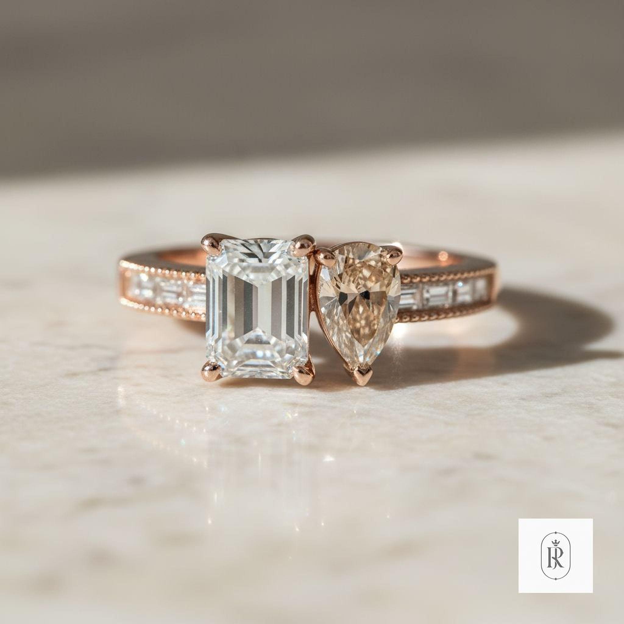 Champagne Pear & Emerald Cut Ring, Toi et Moi Style (14K Gold)