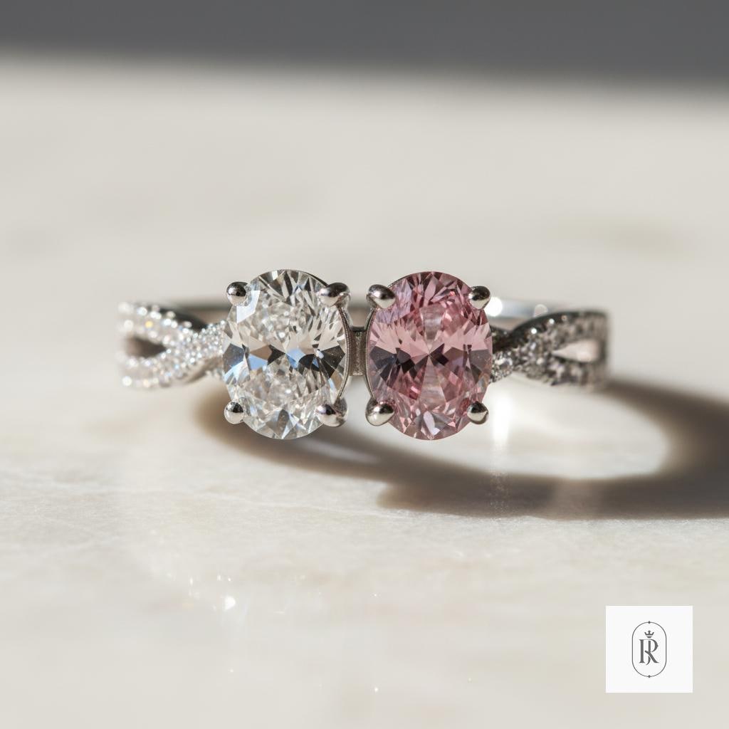 Toi et Moi Engagement Ring: Oval Lab and Pink Diamonds - 14K Gold — View 1 of custom handcrafted Lab Diamond jewellery in 14K White Gold
