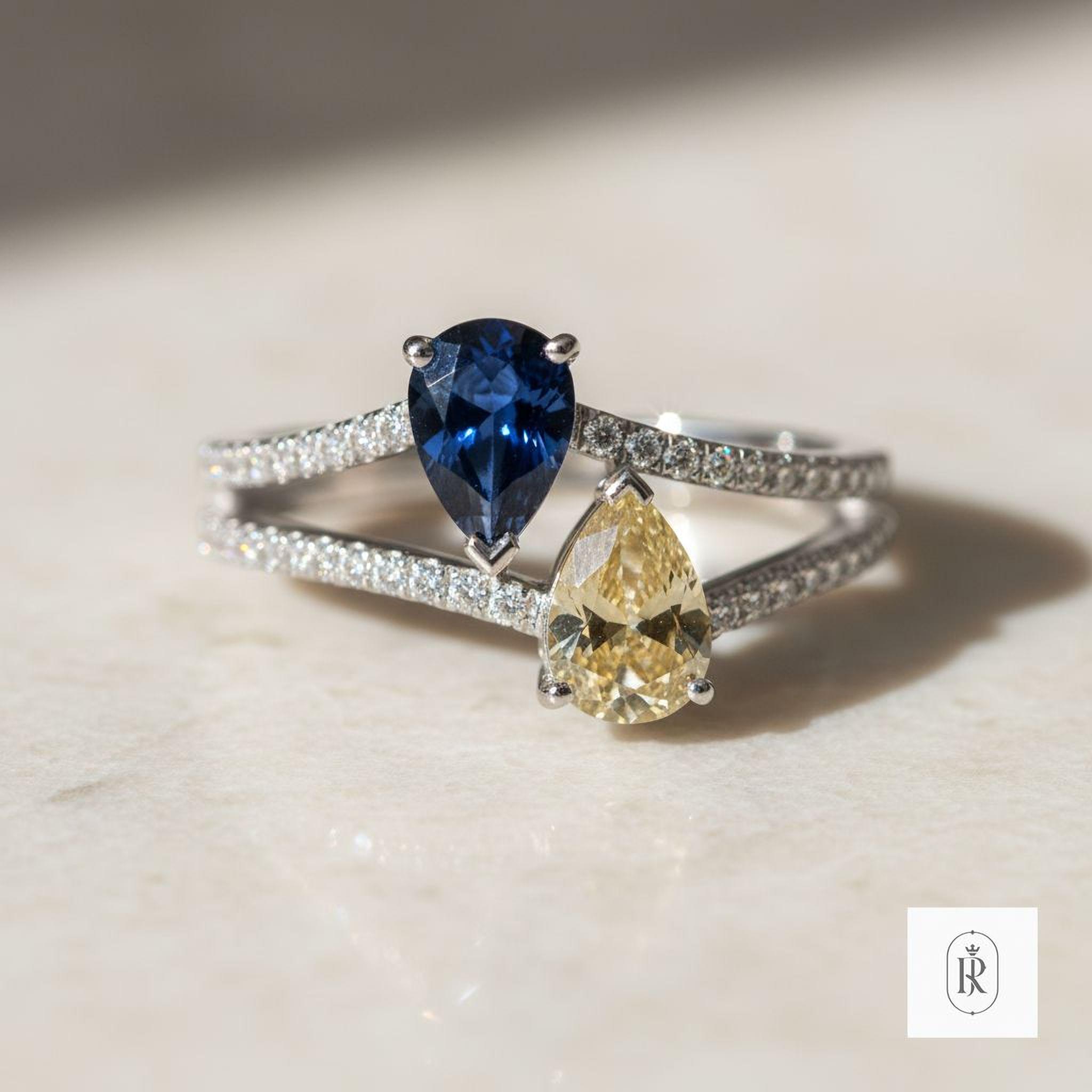 Toi et Moi Ring, Blue Sapphire & Yellow Diamond (14K Solid Gold) — View 1 of custom handcrafted Lab Diamond jewellery in 14K White Gold