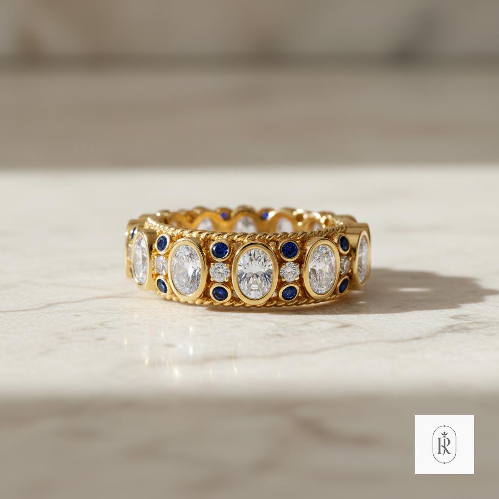Oval Lab Diamond Ring: Blue Sapphire Accent (14K Solid Gold)
