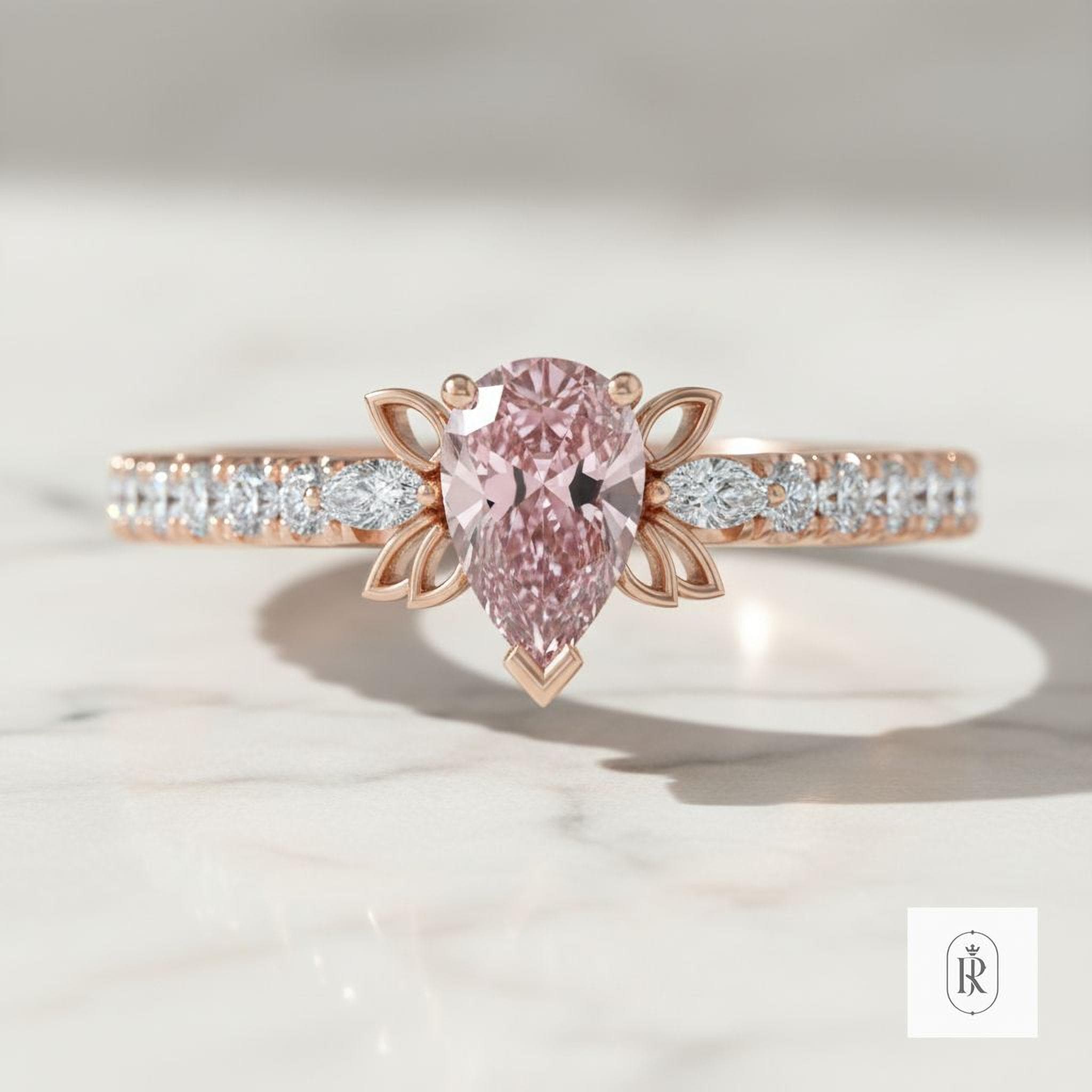 Fancy Intense Pink Diamond Ring: 0.35ct Pear Lab Grown, 14K Gold — View 1 of custom handcrafted Lab Diamond jewellery in 14K White Gold
