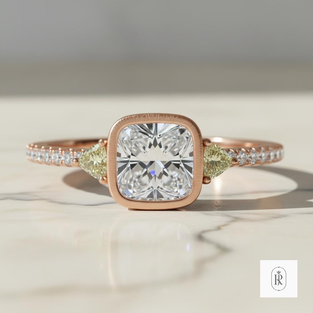 14K Rose Gold Engagement Ring: Oval Moissanite with Yellow Lab Diamonds — View 1 of custom handcrafted Lab Diamond jewellery in 14K Rose Gold