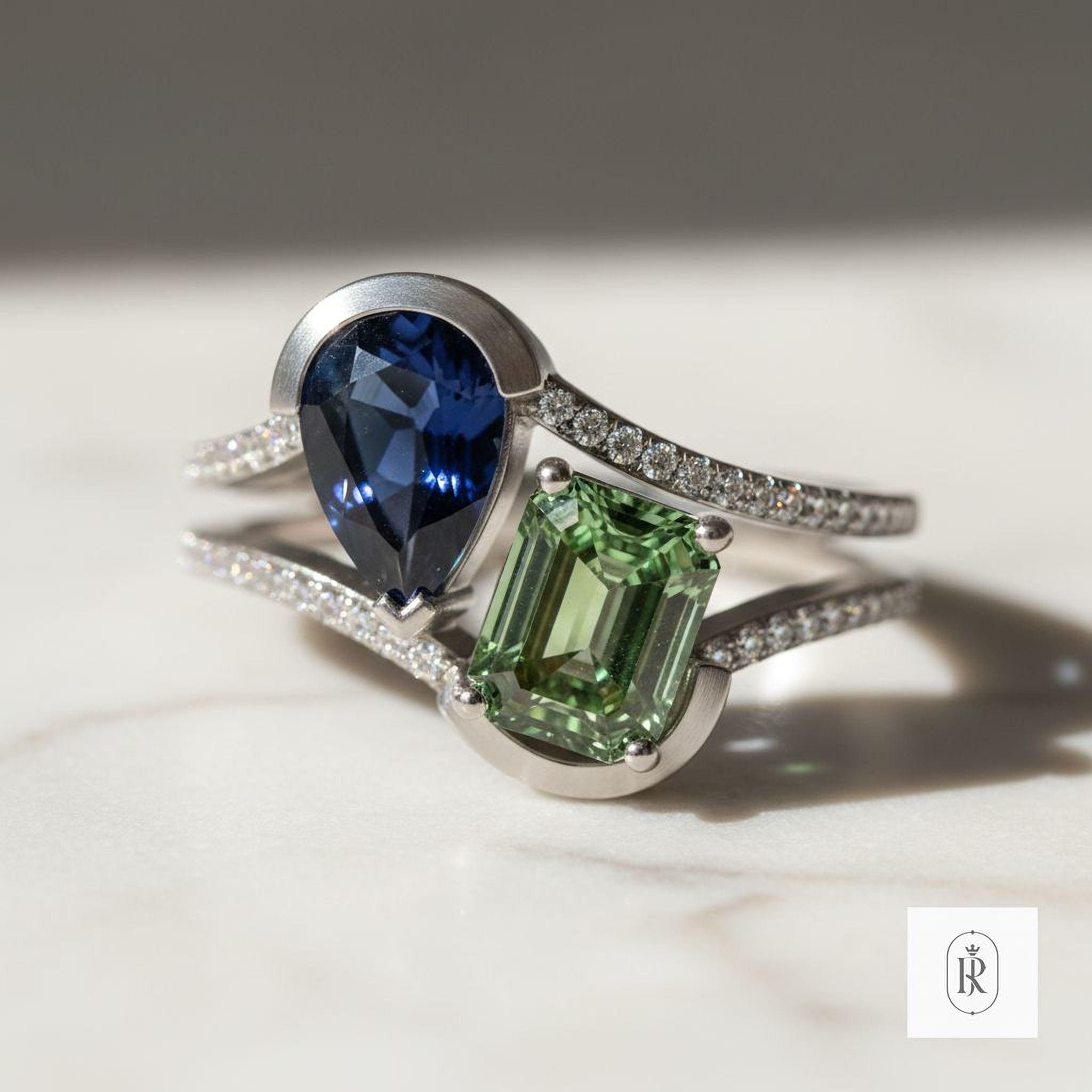 Green Diamond & Pear Sapphire Ring - 14K Gold Sustainable Promise — View 1 of custom handcrafted Lab Diamond jewellery in 14K White Gold