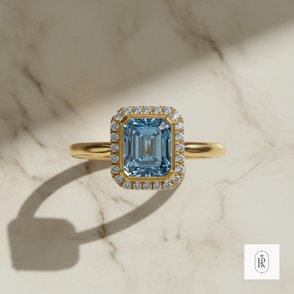 Fancy Vivid Blue Diamond Ring: Radiant Cut Lab Grown, 14K Gold — View 1 of custom handcrafted Lab Diamond jewellery in 14K White Gold