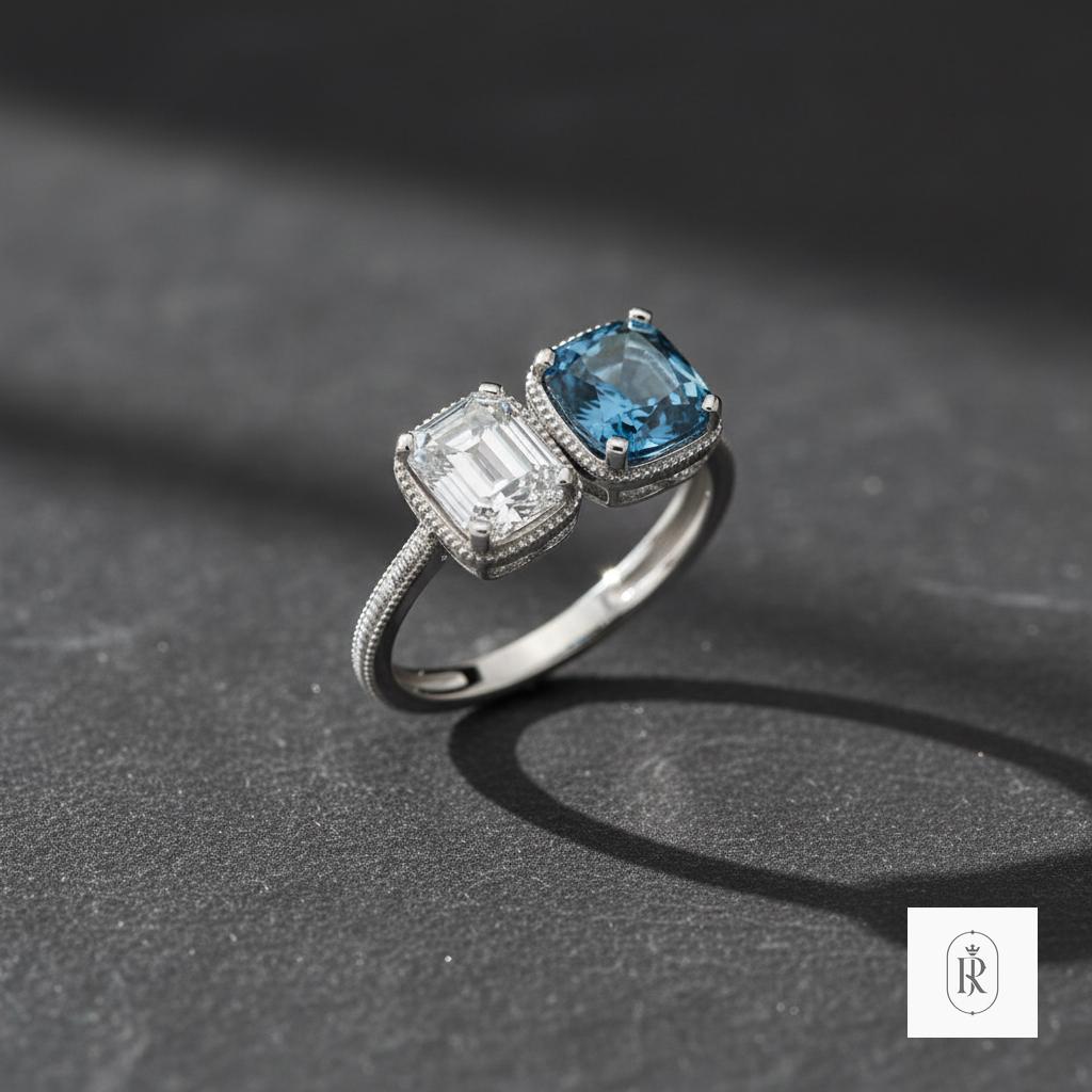 Toi et Moi Ring: Emerald & Blue Moissanite, Milgrain 14k White Gold Band — View 1 of custom handcrafted Emerald jewellery in 14K White Gold