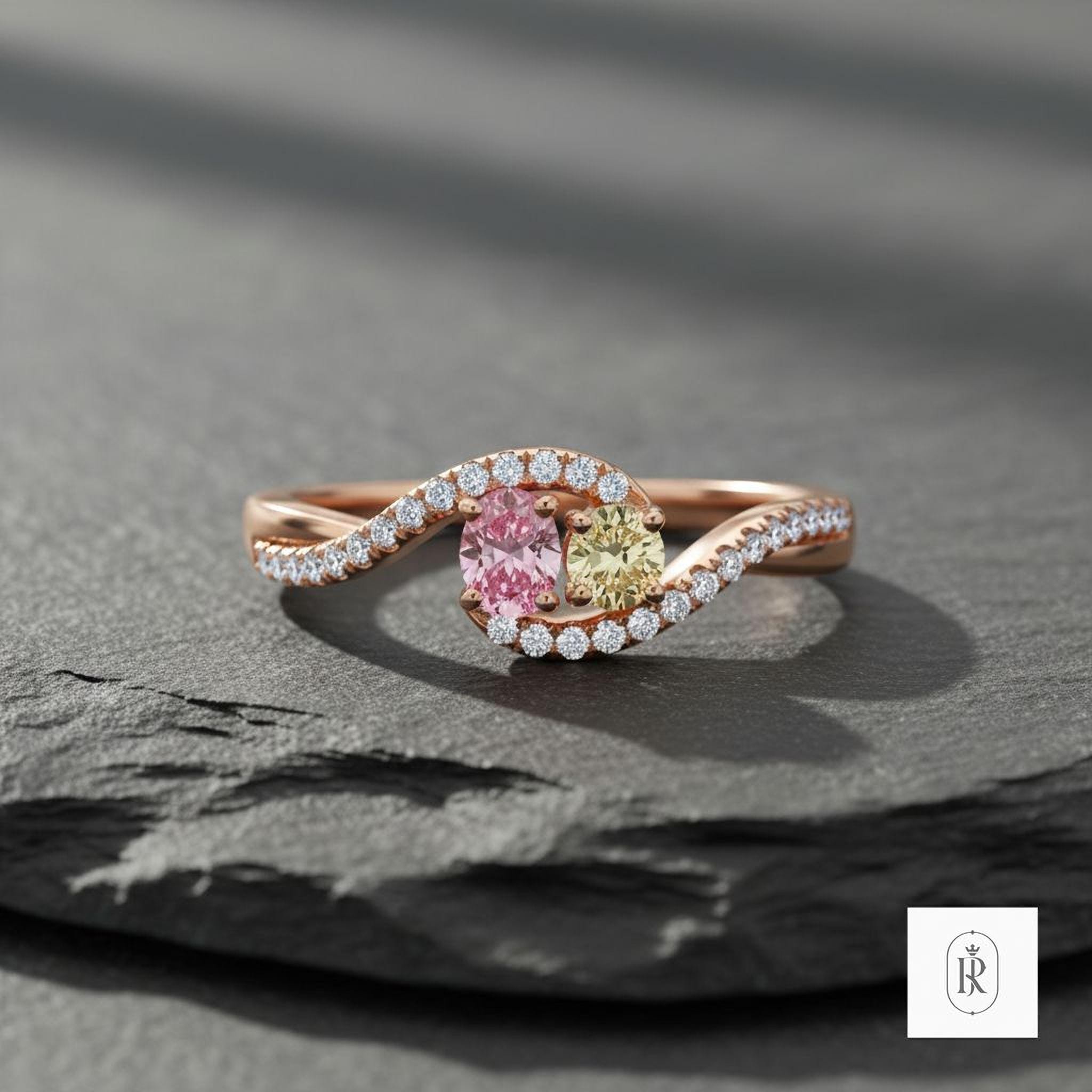 Fancy Pink & Yellow Diamond Ring: 14K Rose Gold, Lab Grown — View 1 of custom handcrafted Lab Diamond jewellery in 14K Rose Gold