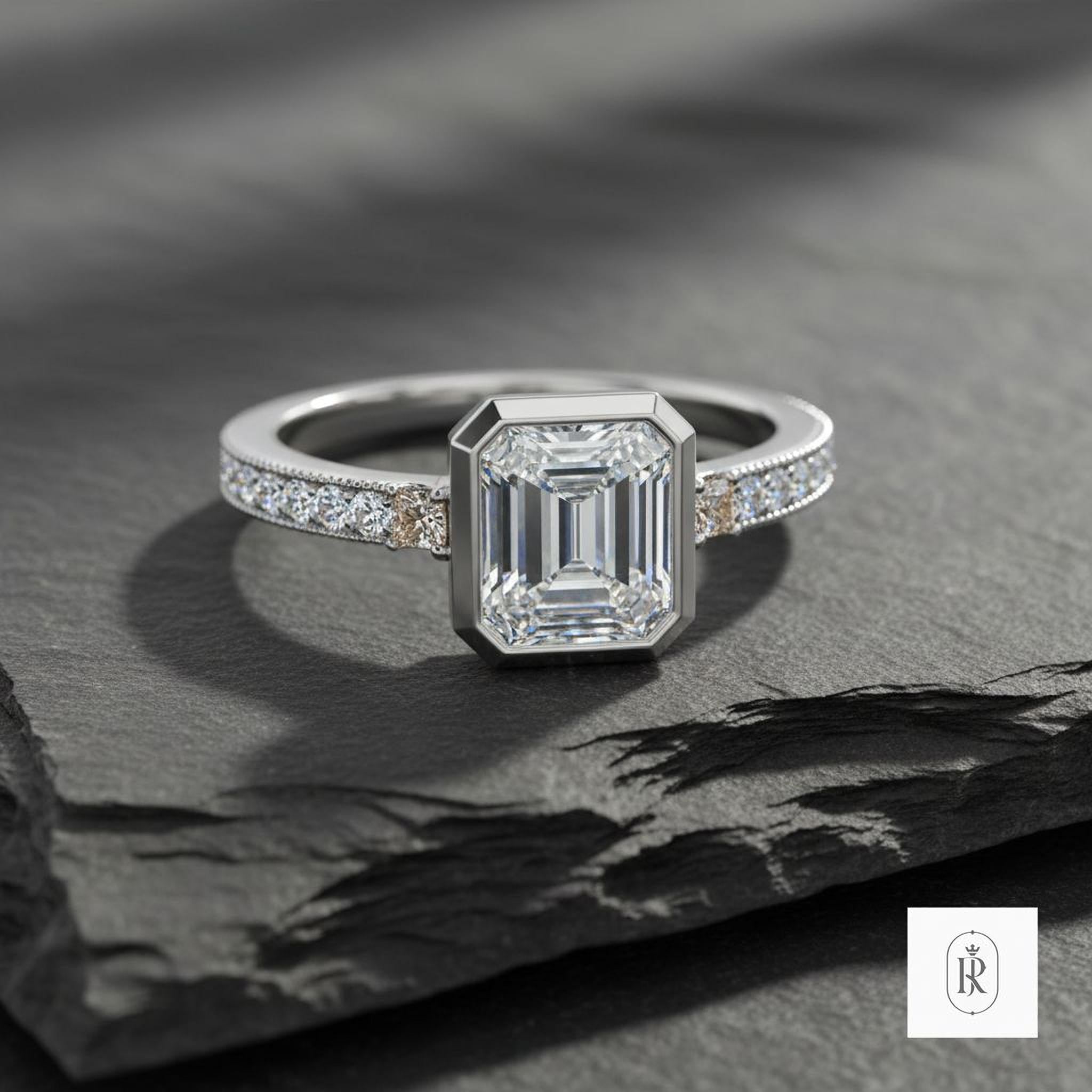 Emerald Cut Diamond Ring: Lab-Grown, Champagne Accents (14K Gold) — View 1 of custom handcrafted Lab Diamond jewellery in 14K White Gold