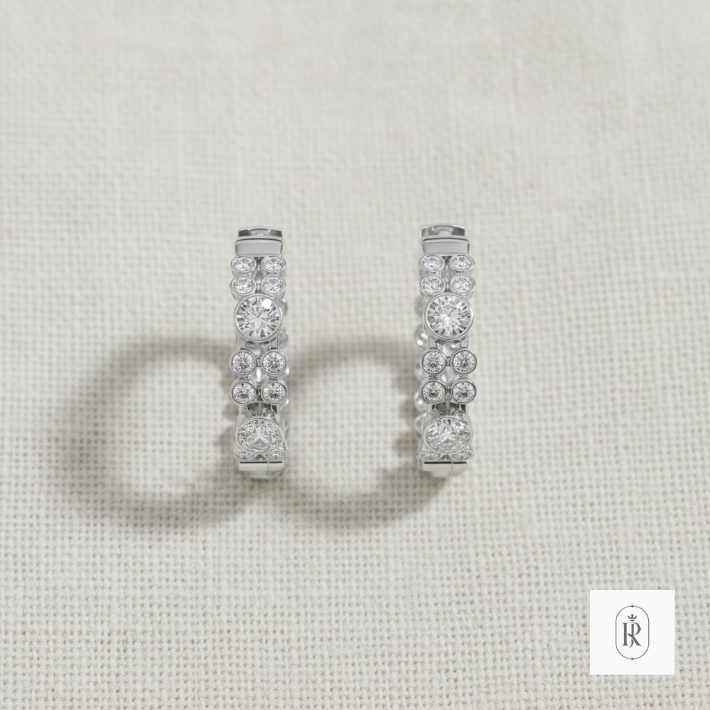 Lab Diamond Hoop Earrings, 14K White Gold, Bezel Set