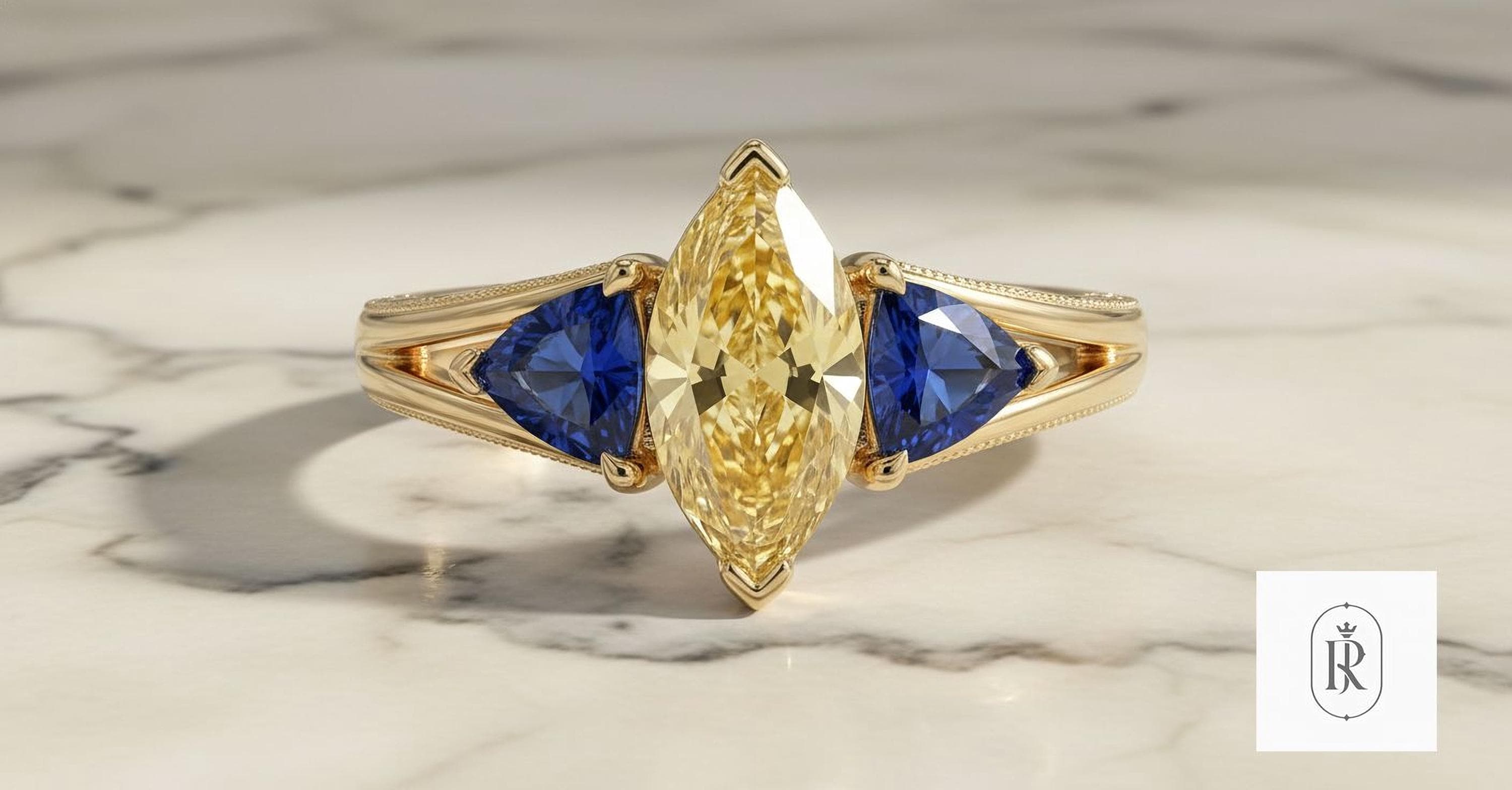 Canary Yellow Marquise Diamond Ring - Blue Sapphire, 14K Gold — View 1 of custom handcrafted Lab Diamond jewellery in 14K White Gold