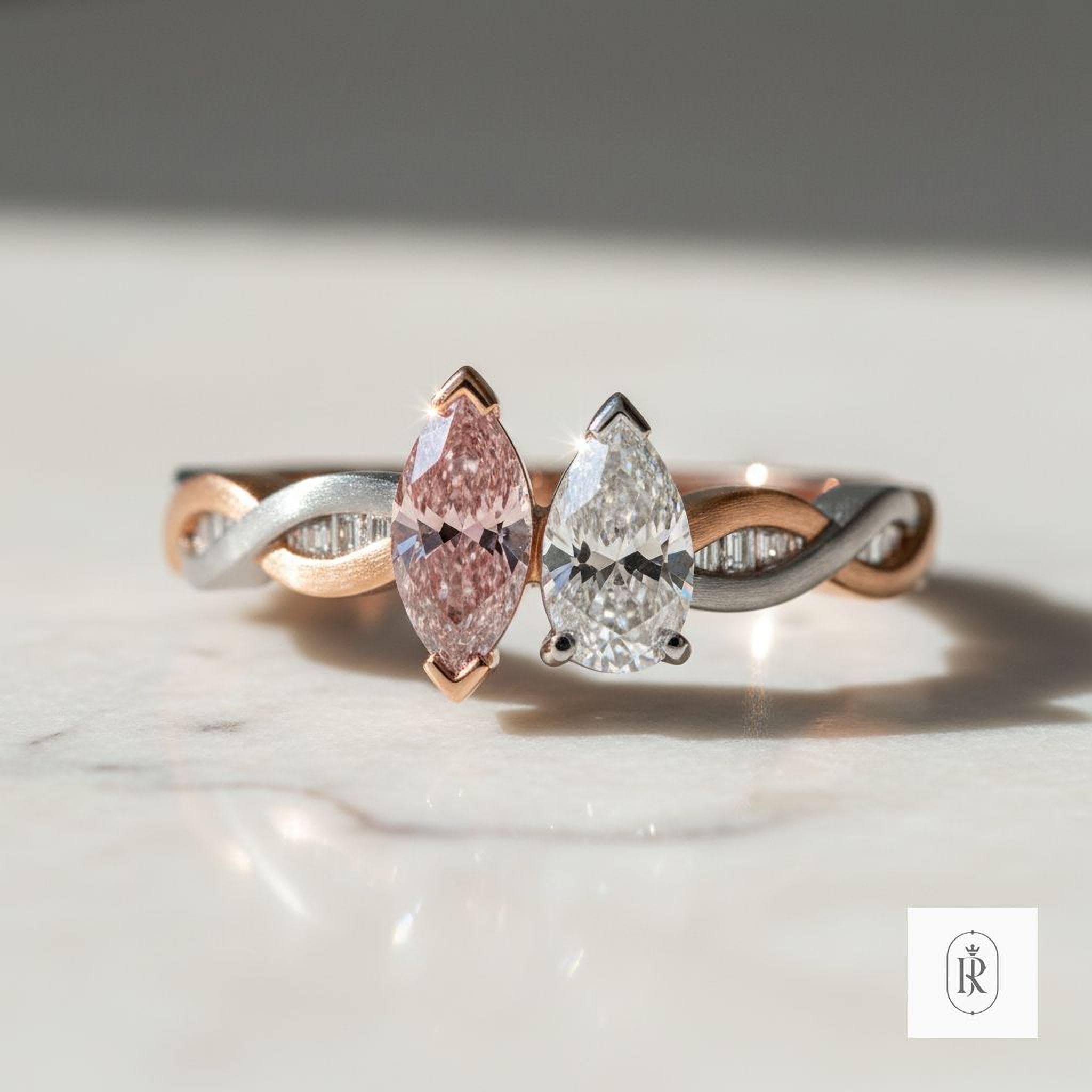 Fancy Pink Marquise Diamond Ring: 14K Gold Solitaire — View 1 of custom handcrafted Lab Diamond jewellery in 14K White Gold