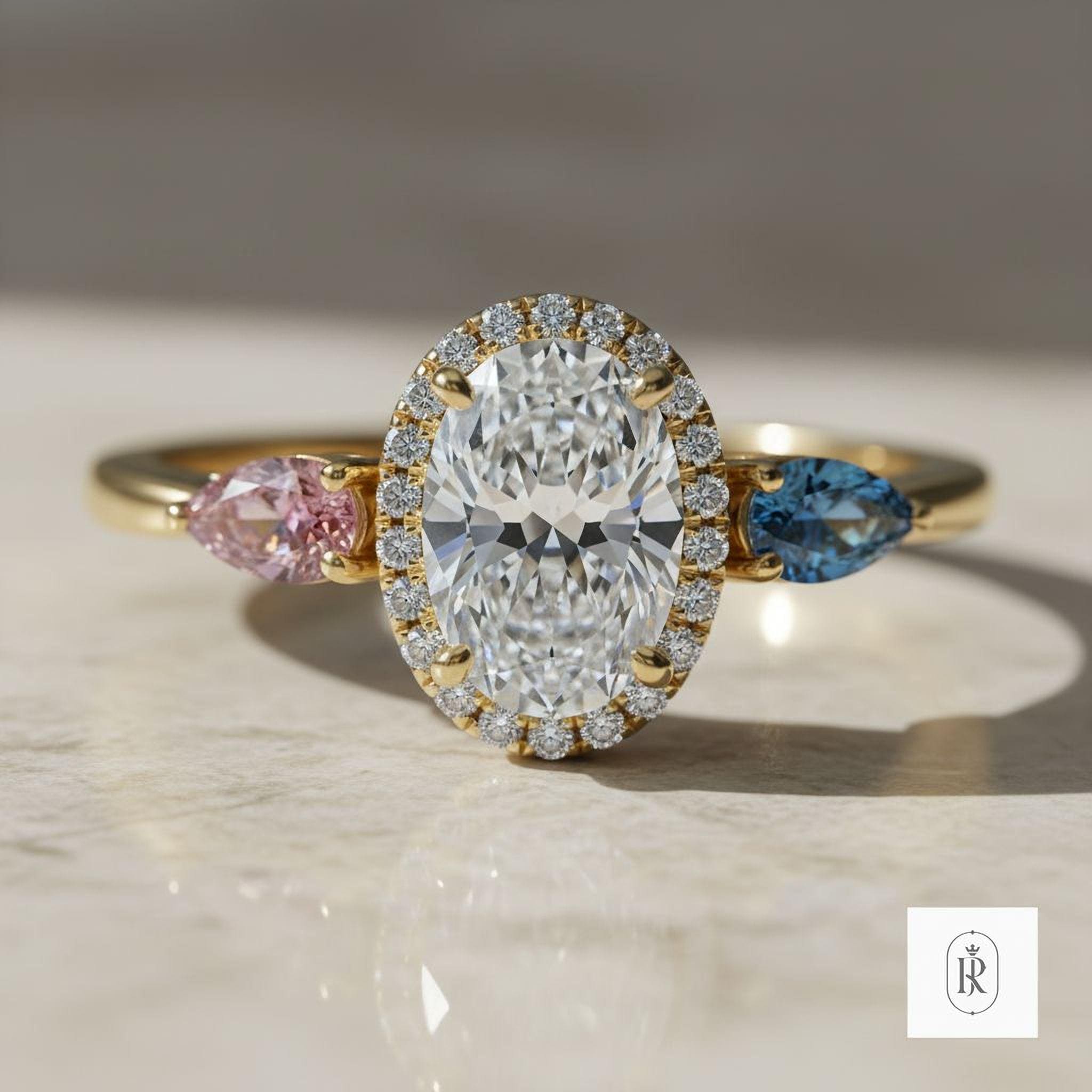 East-West Oval Moissanite Ring, Pink & Blue Diamonds (14K Gold) — View 1 of custom handcrafted Lab Diamond jewellery in 14K White Gold