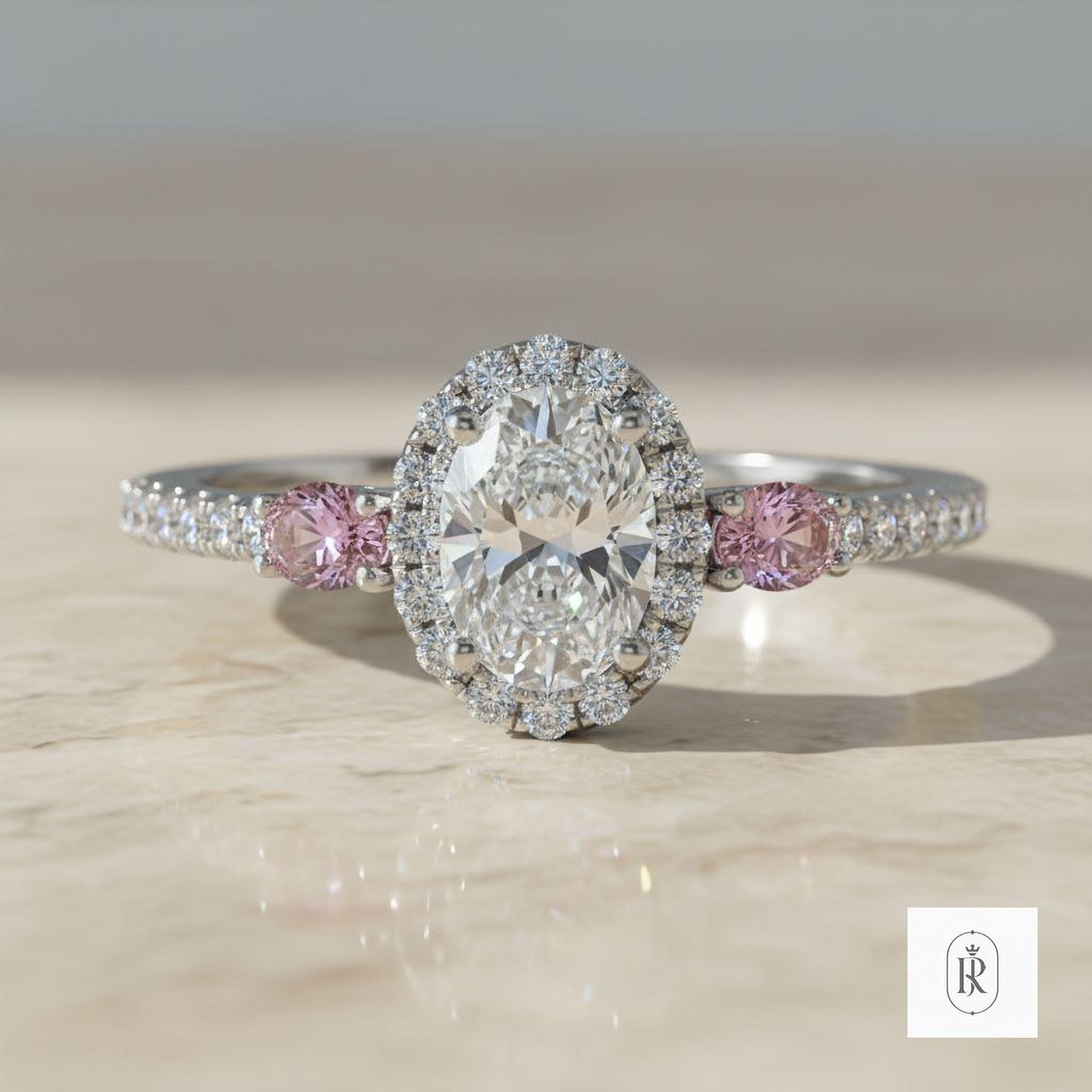 Pink Diamond Engagement Ring: Lab Grown, 14K White Gold - Halo Style — View 1 of custom handcrafted Lab Diamond jewellery in 14K White Gold