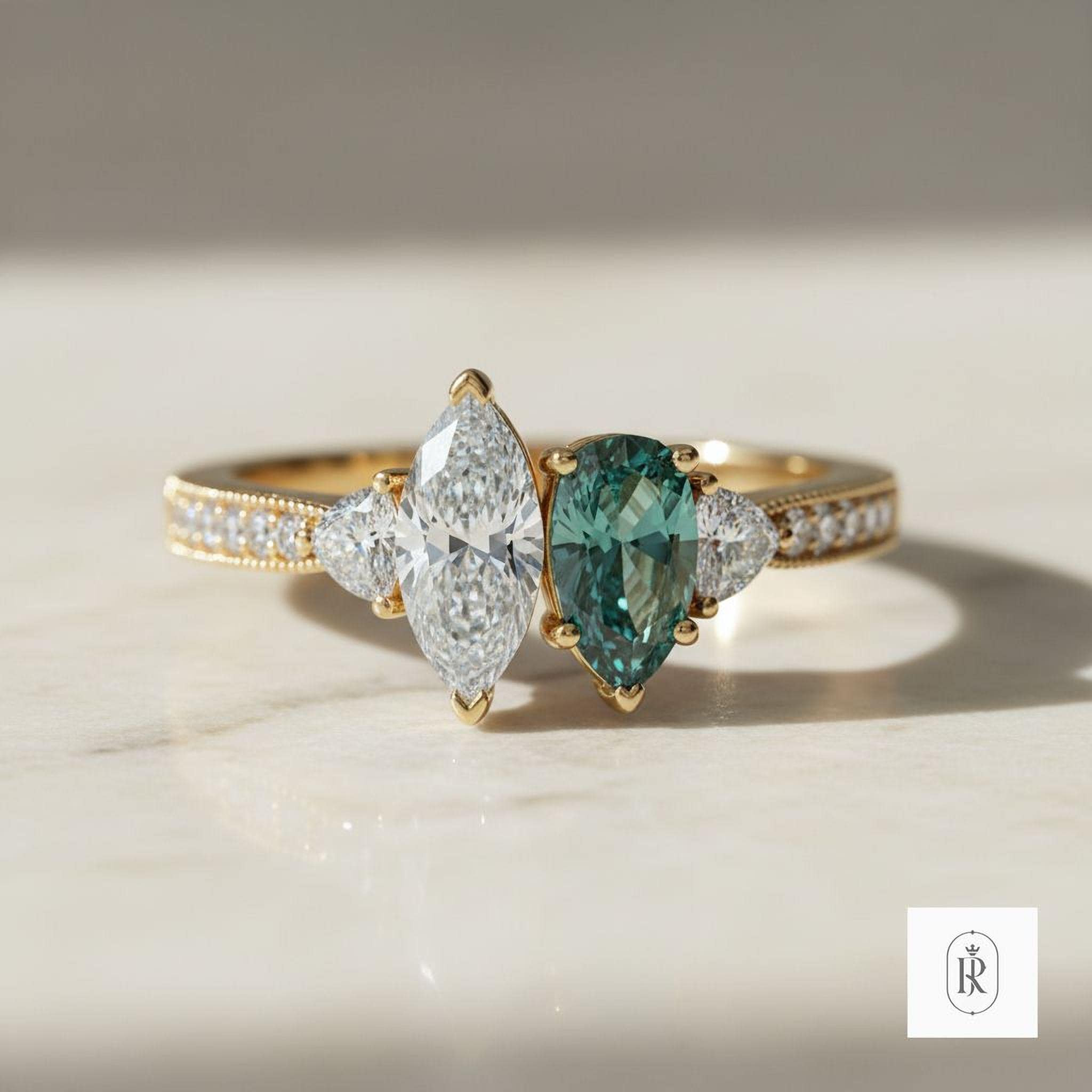 Two Stone Engagement Ring: Marquise and Teal Green Shield Diamonds (14K Gold) — View 1 of custom handcrafted Lab Diamond jewellery in 14K White Gold
