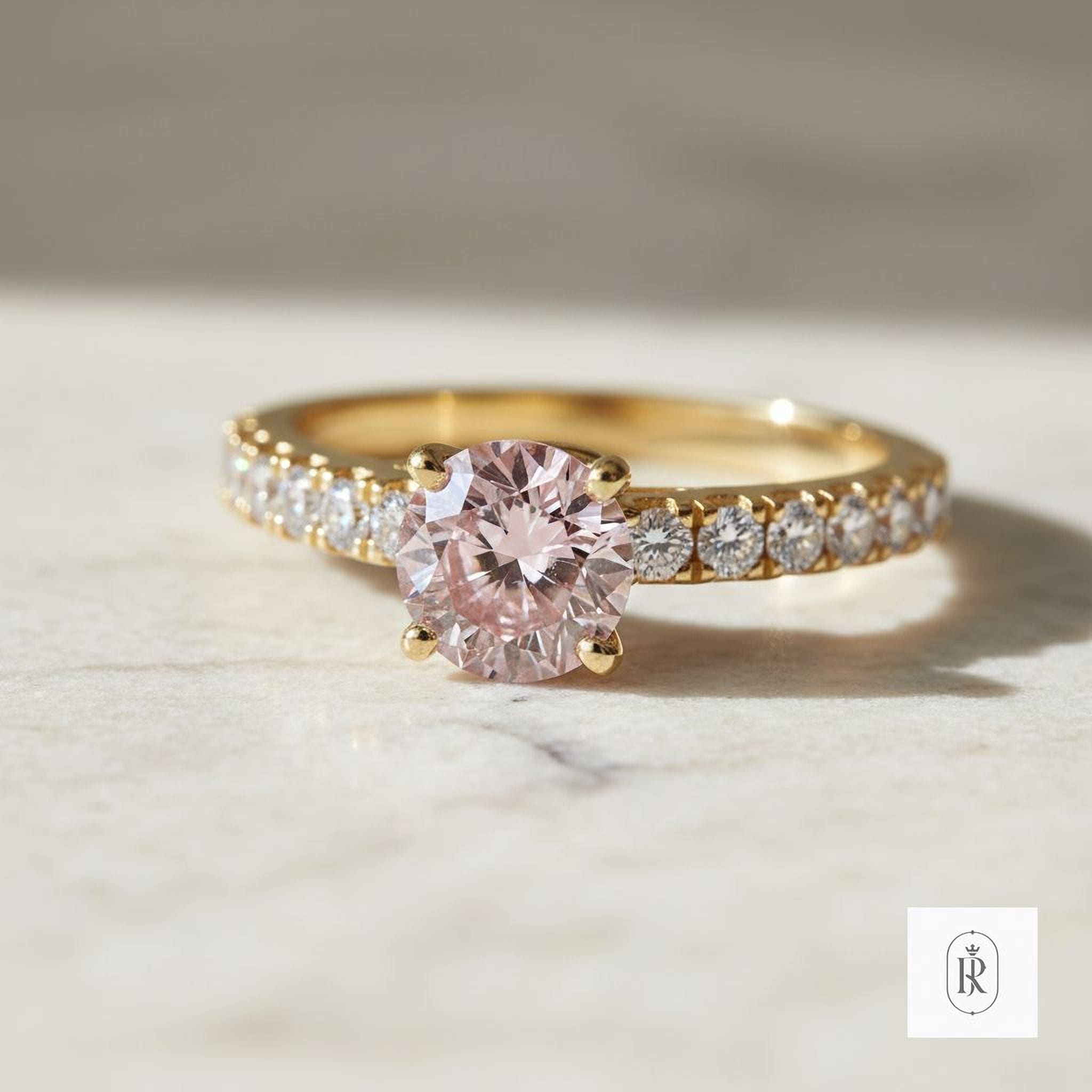 Lab Grown Pink Oval Diamond Ring, East-West Setting (14K Yellow Gold)
