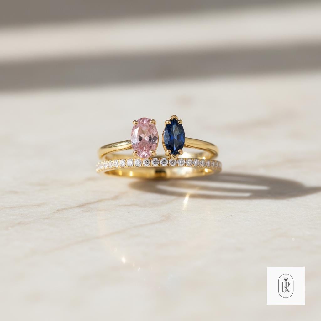 Oval Pink Lab Diamond Ring: Marquise Blue Sapphire, 14K Gold — View 1 of custom handcrafted Lab Diamond jewellery in 14K White Gold