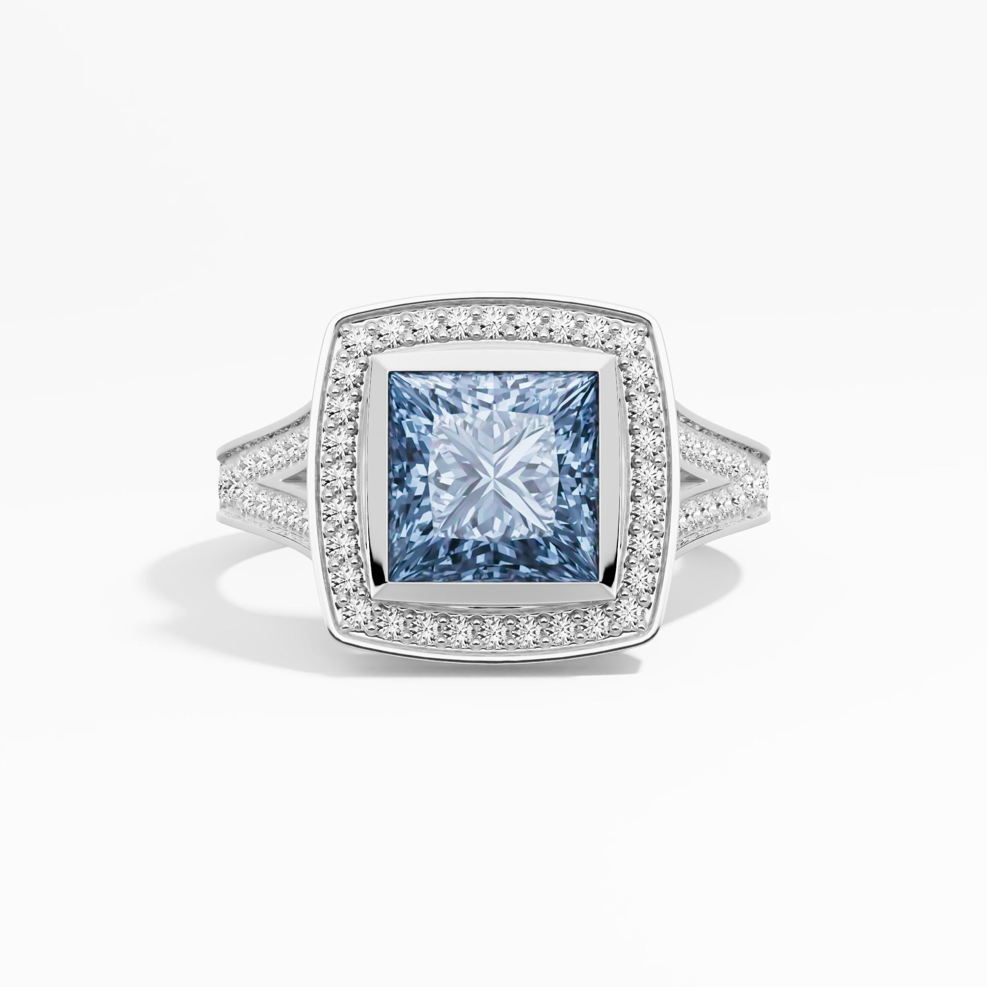 2.34ct Princess Lab Diamond Engagement Ring | 14K White Gold Bezel Set Halo Ring — View 1 of custom handcrafted Lab Diamond jewellery in 14K White Gold